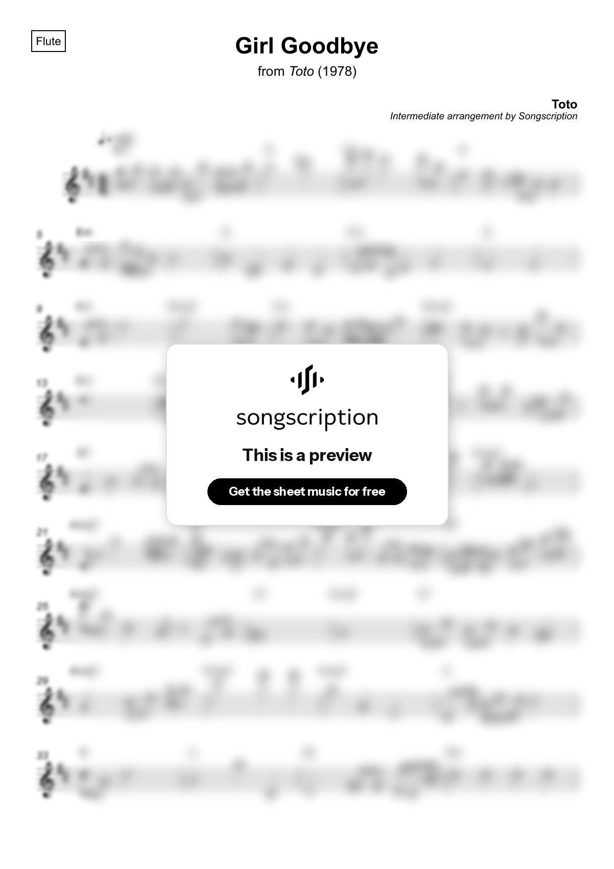 Intermediate Flute Sheet Music for "Girl Goodbye" by Toto