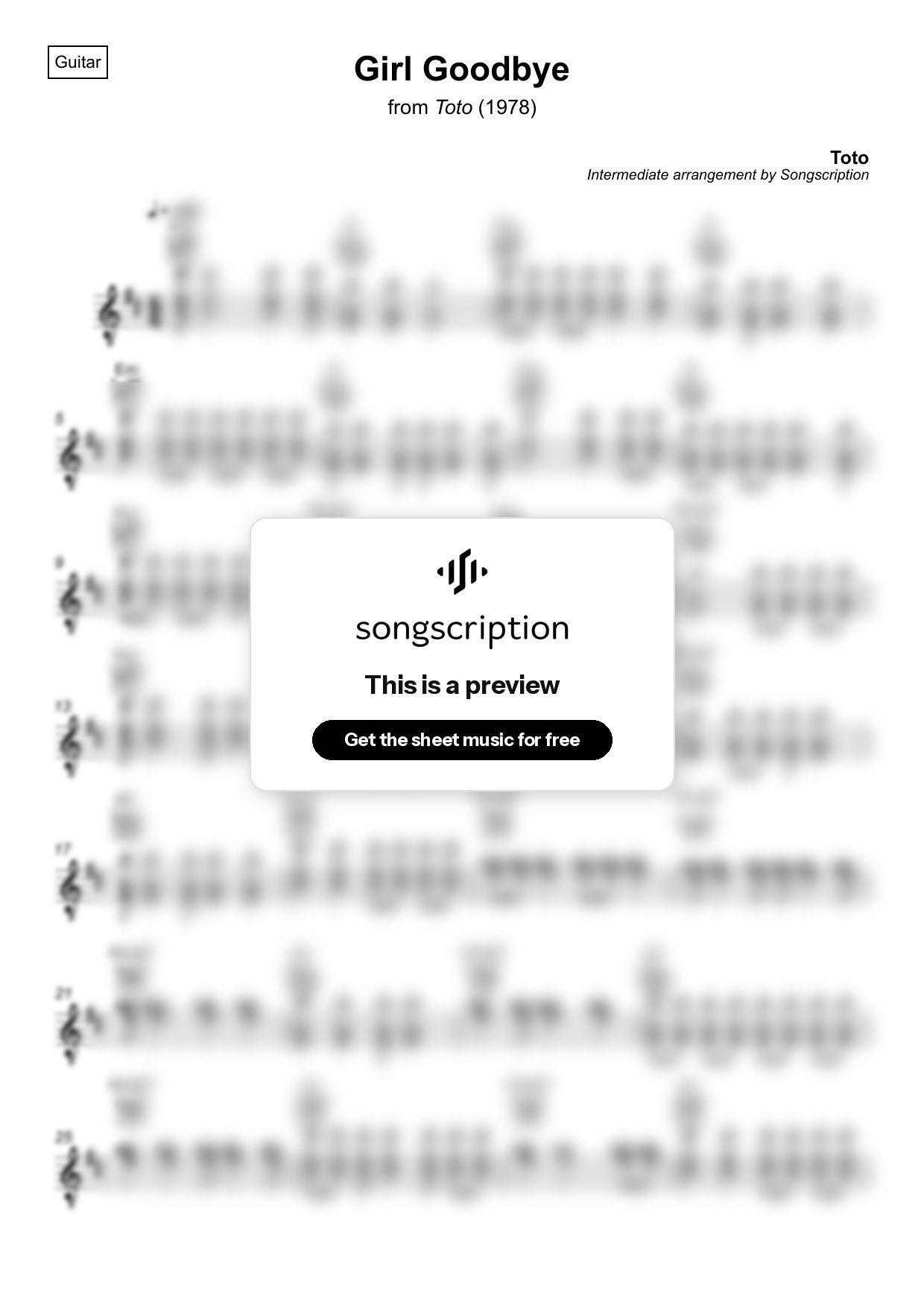 Intermediate Acoustic Guitar Sheet Music for "Girl Goodbye" by Toto
