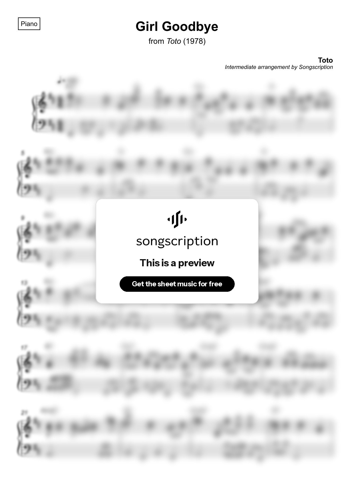 Intermediate Piano Sheet Music for "Girl Goodbye" by Toto