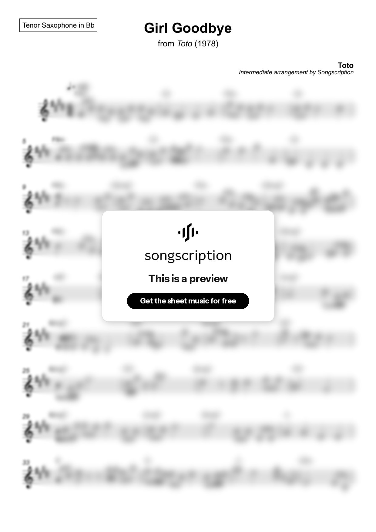 Intermediate Tenor Sax Sheet Music for "Girl Goodbye" by Toto