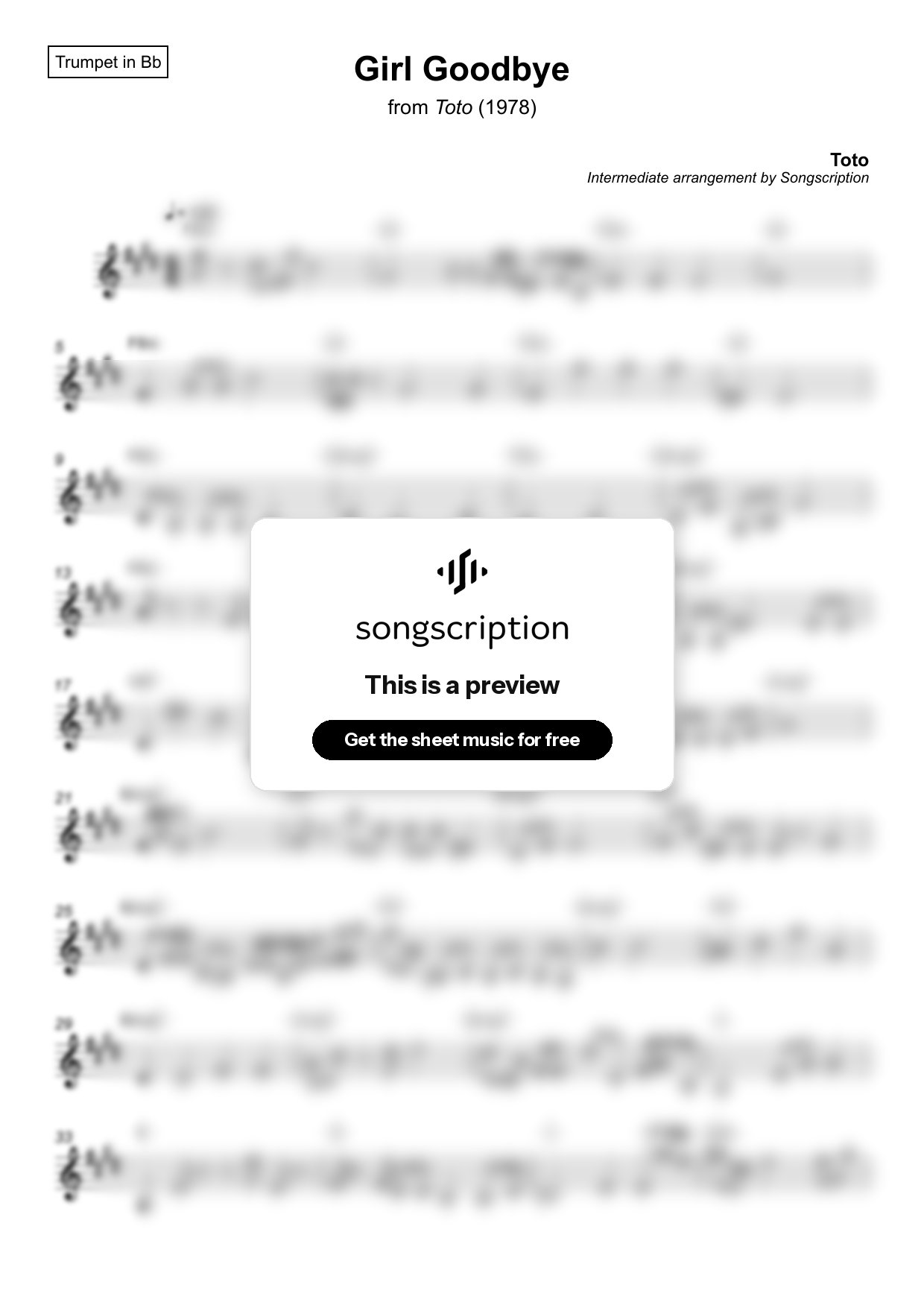 Intermediate Trumpet Sheet Music for "Girl Goodbye" by Toto