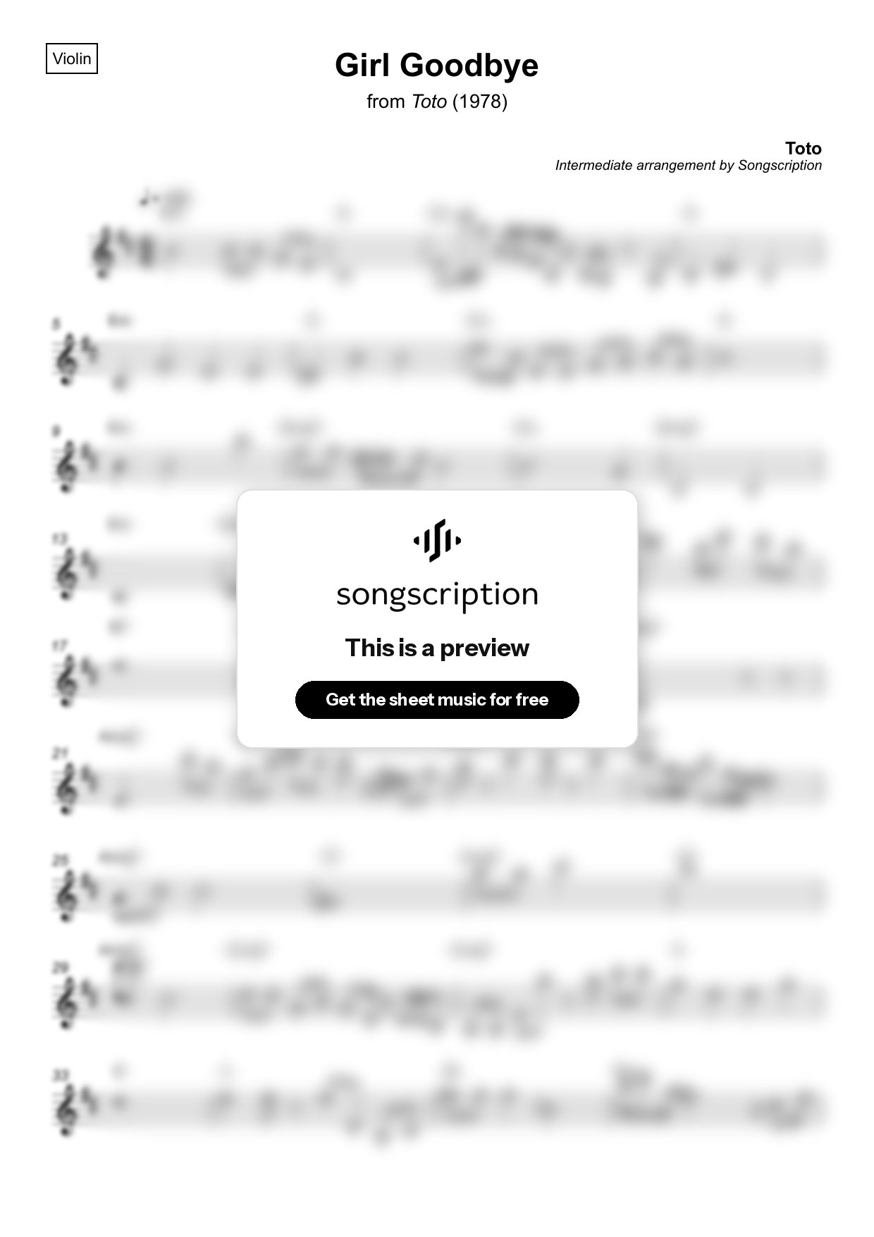Intermediate Violin Sheet Music for "Girl Goodbye" by Toto