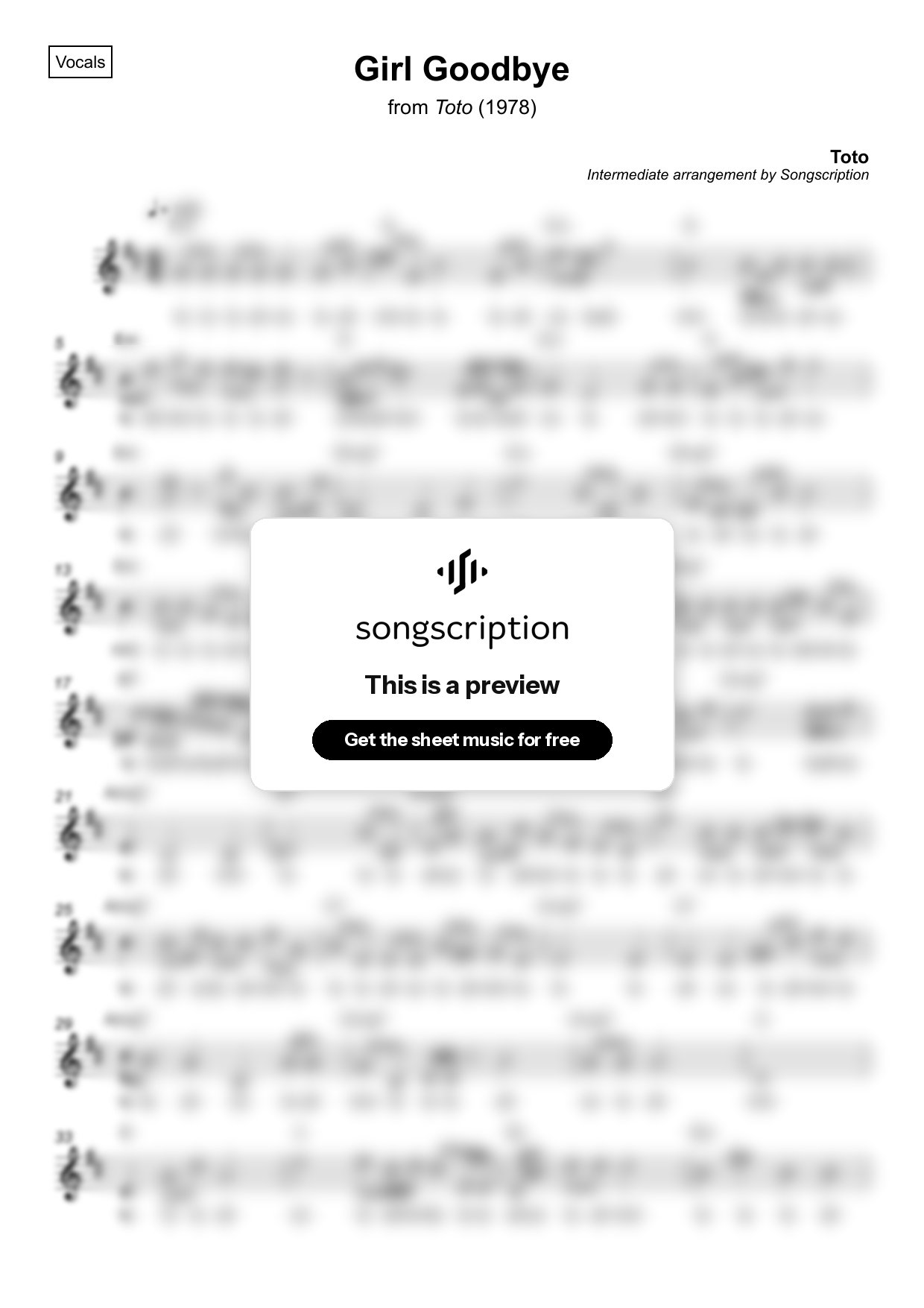 Intermediate Vocals Sheet Music for "Girl Goodbye" by Toto