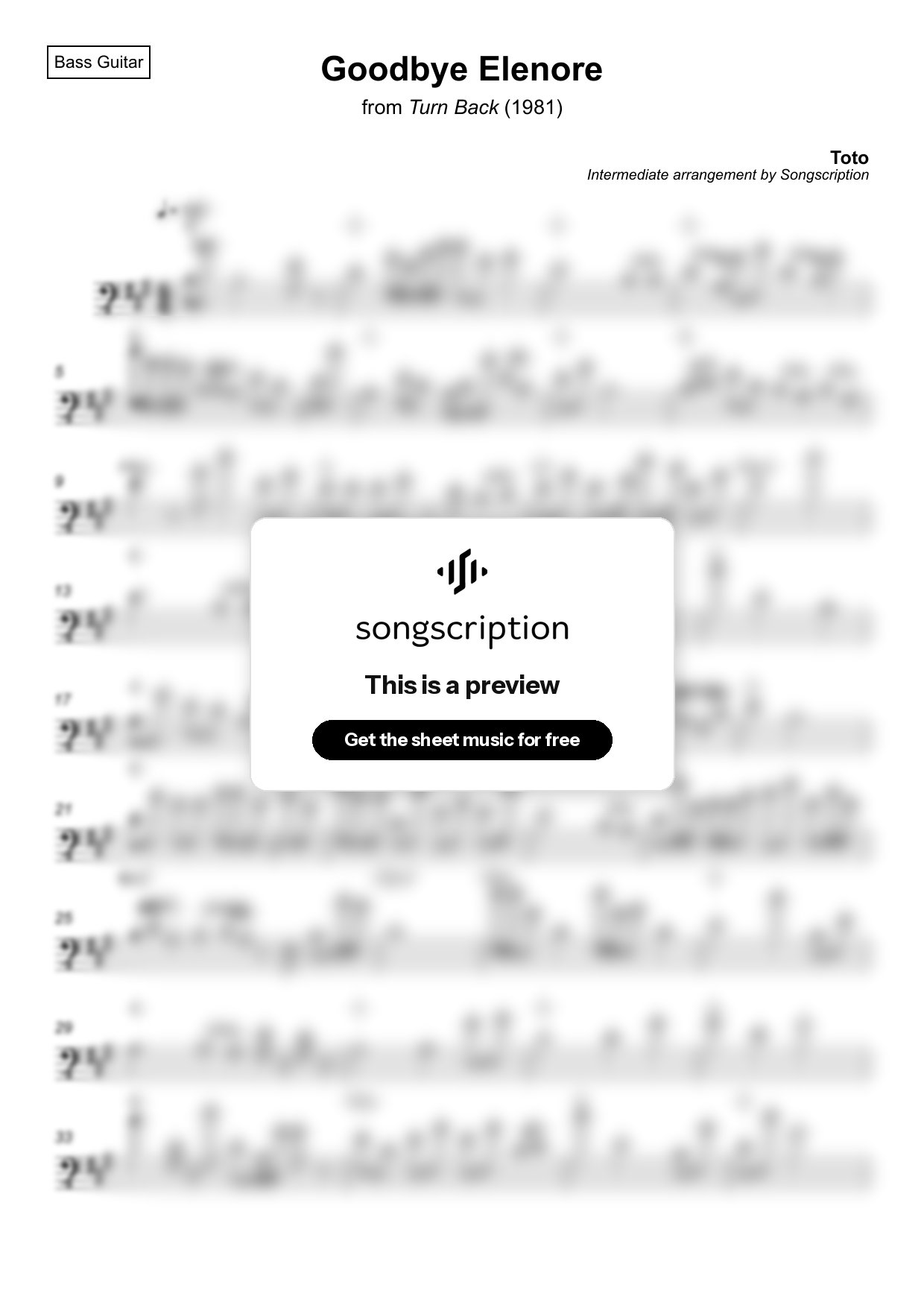 Intermediate Bass Guitar Sheet Music for "Goodbye Elenore" by Toto