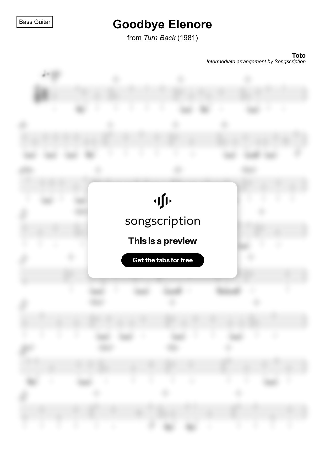 Intermediate Bass Guitar Tabs for "Goodbye Elenore" by Toto