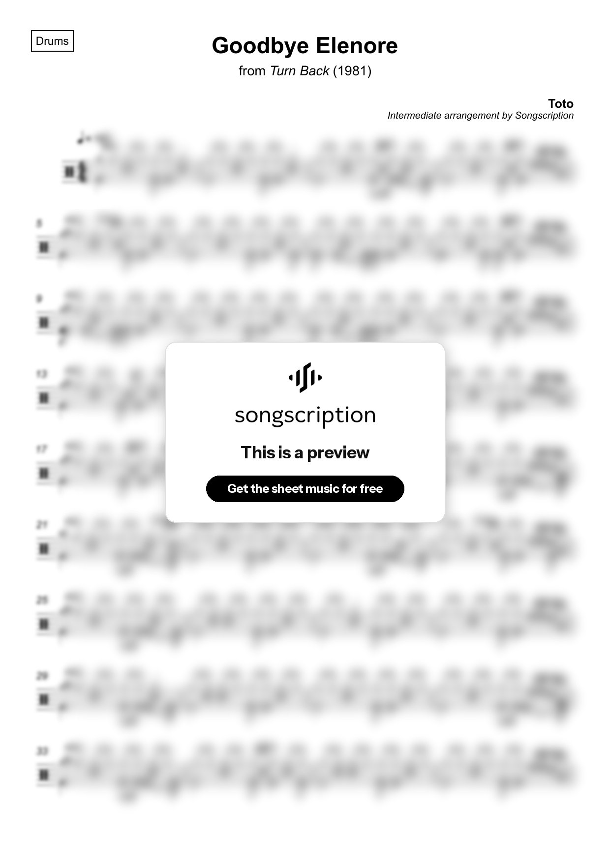 Intermediate Drums Sheet Music for "Goodbye Elenore" by Toto