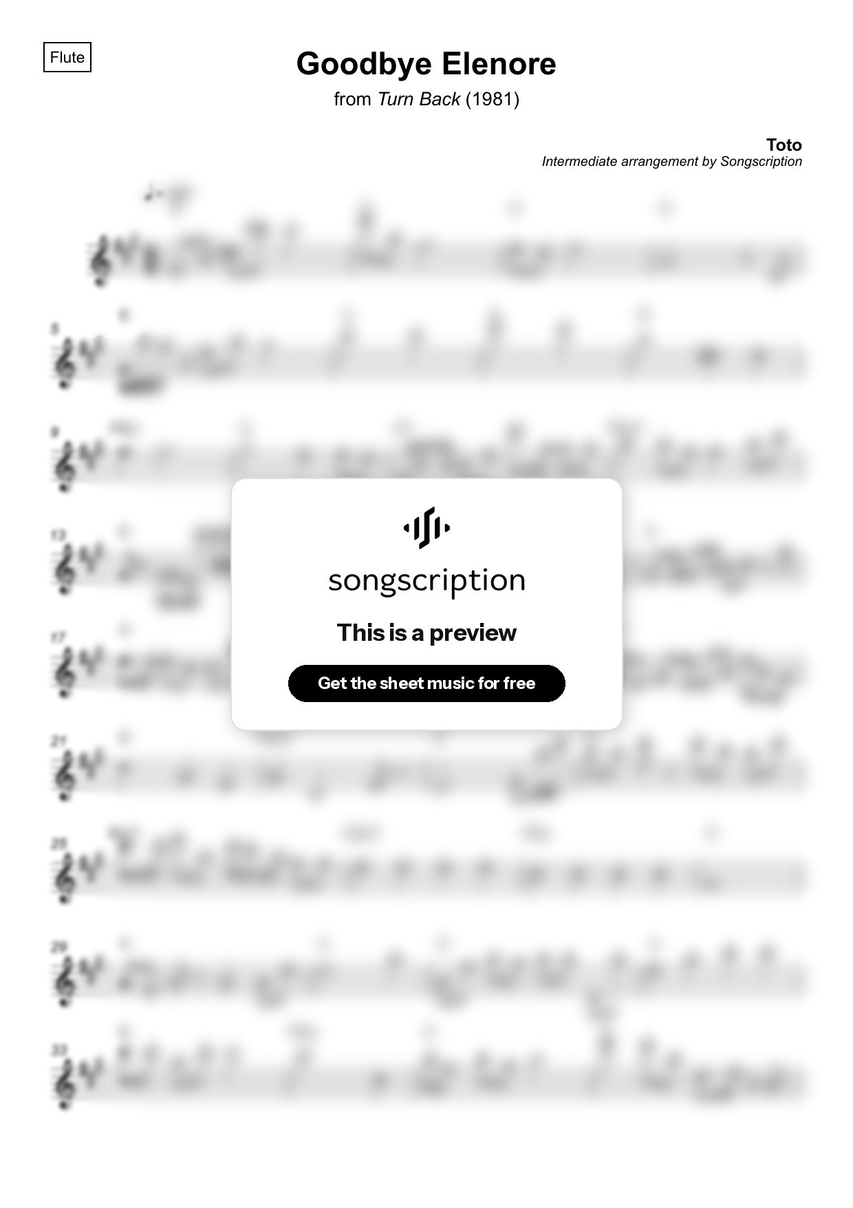 Intermediate Flute Sheet Music for "Goodbye Elenore" by Toto
