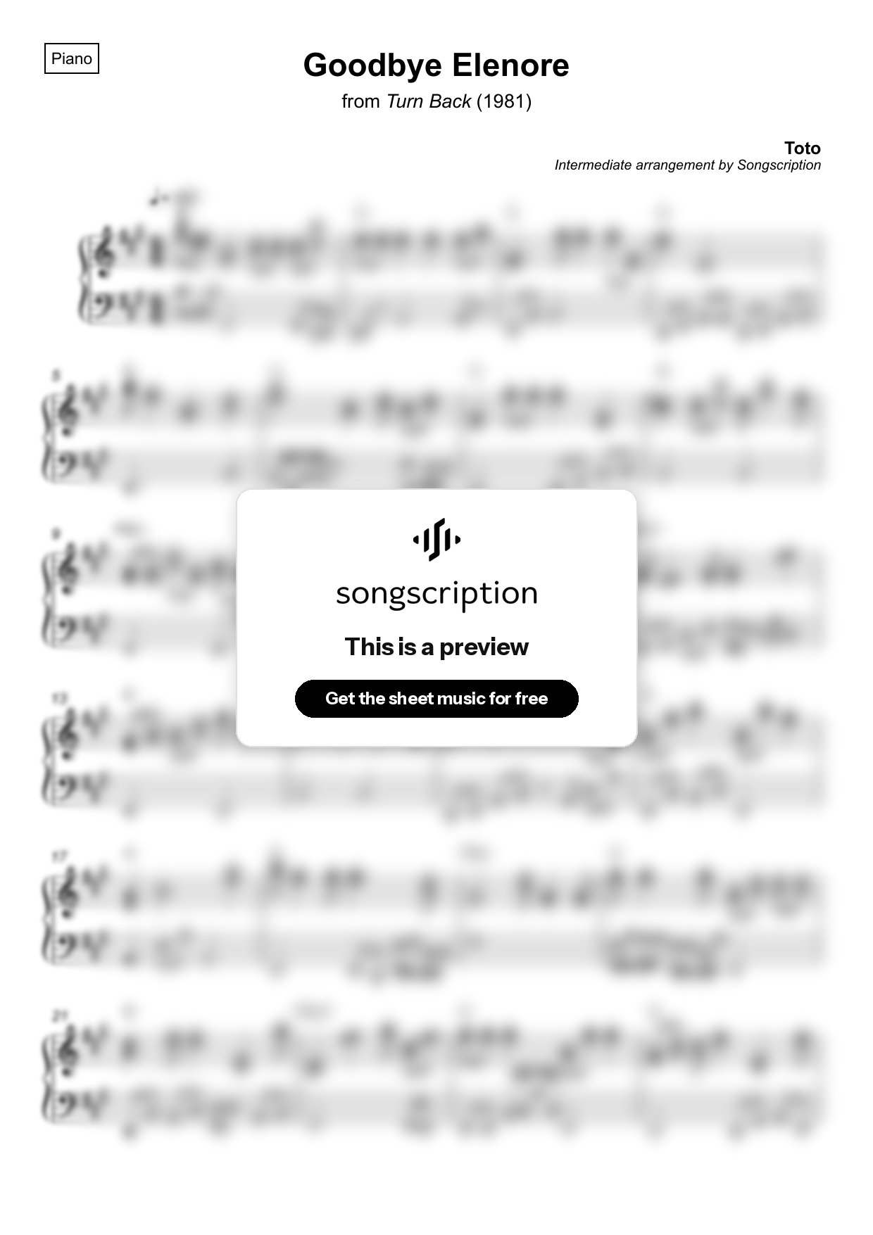 Intermediate Piano Sheet Music for "Goodbye Elenore" by Toto
