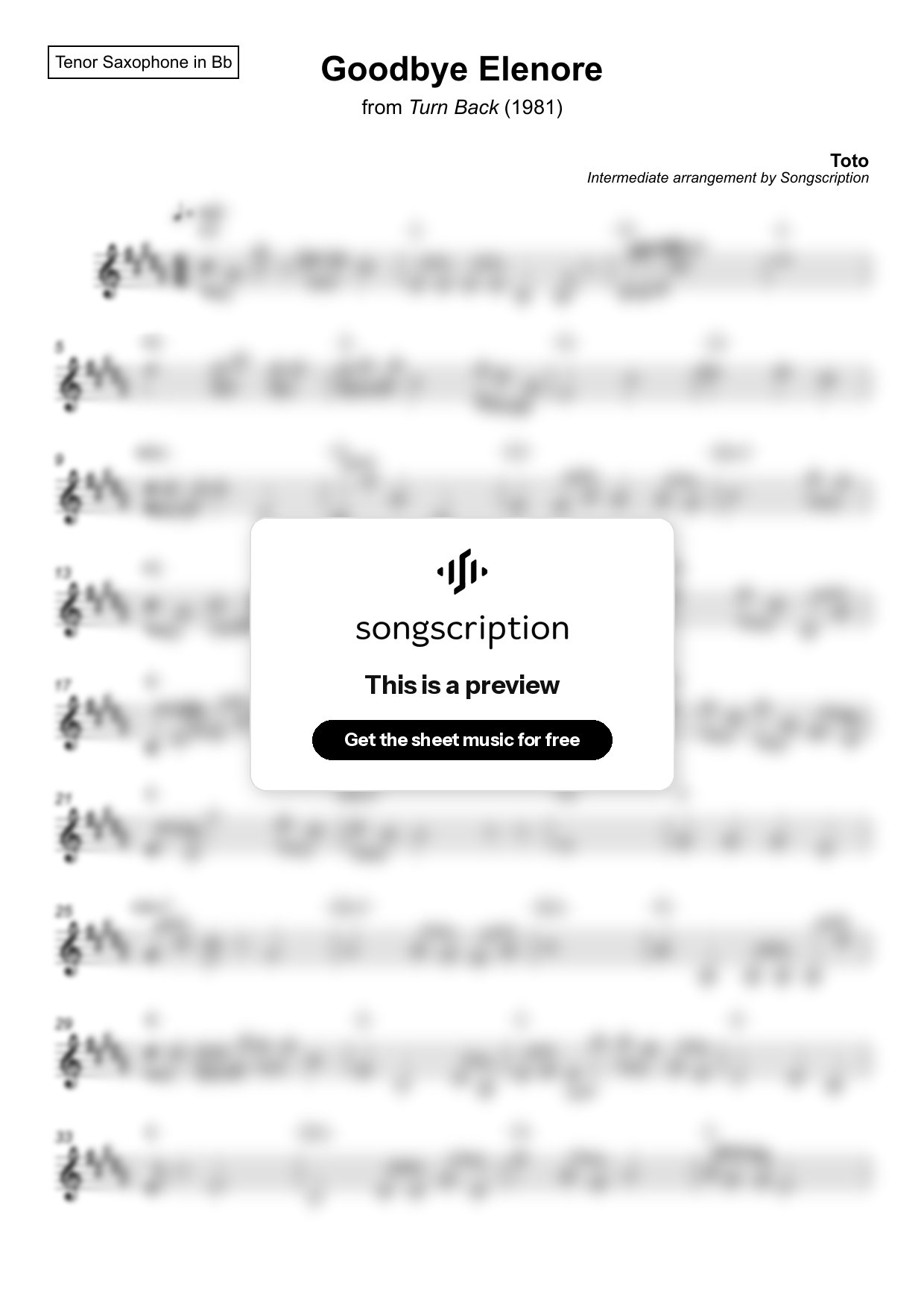 Intermediate Tenor Sax Sheet Music for "Goodbye Elenore" by Toto