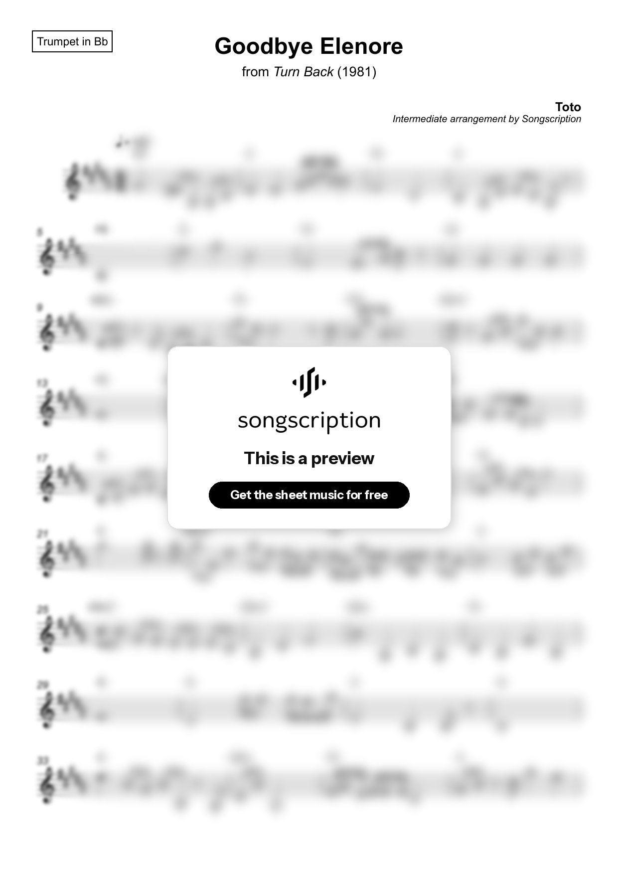 Intermediate Trumpet Sheet Music for "Goodbye Elenore" by Toto