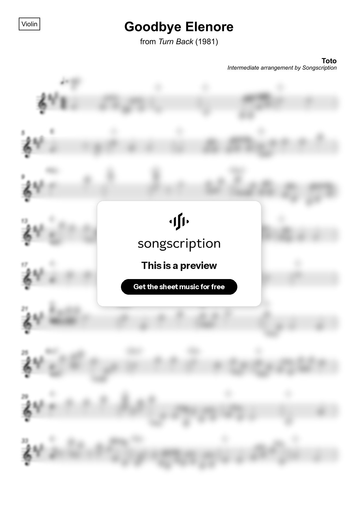 Intermediate Violin Sheet Music for "Goodbye Elenore" by Toto