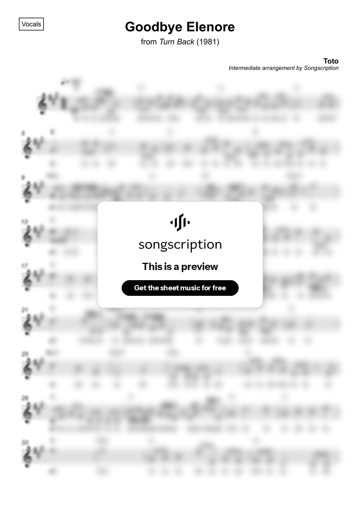 Intermediate Vocals Sheet Music for "Goodbye Elenore" by Toto