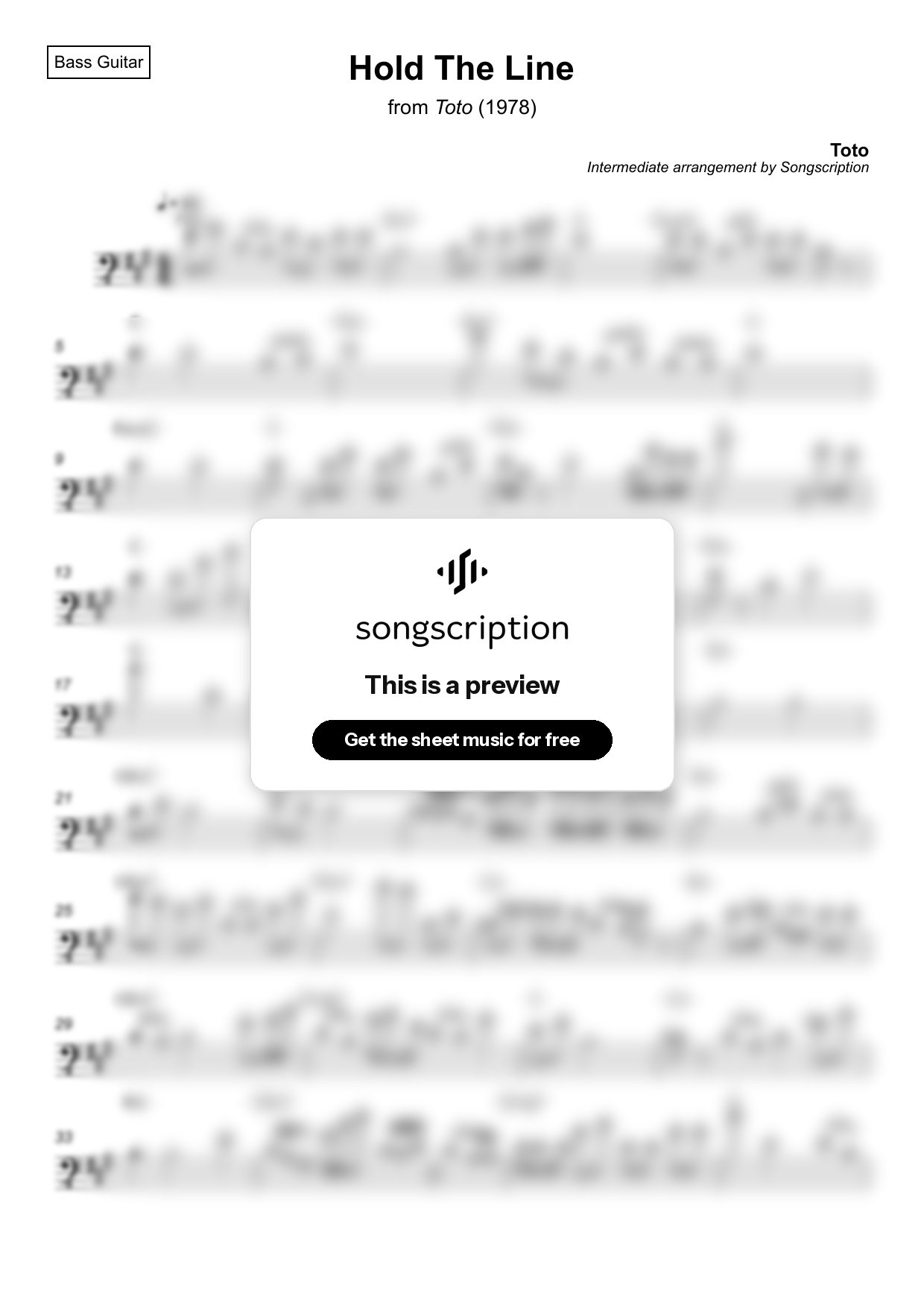 Intermediate Bass Guitar Sheet Music for "Hold The Line" by Toto