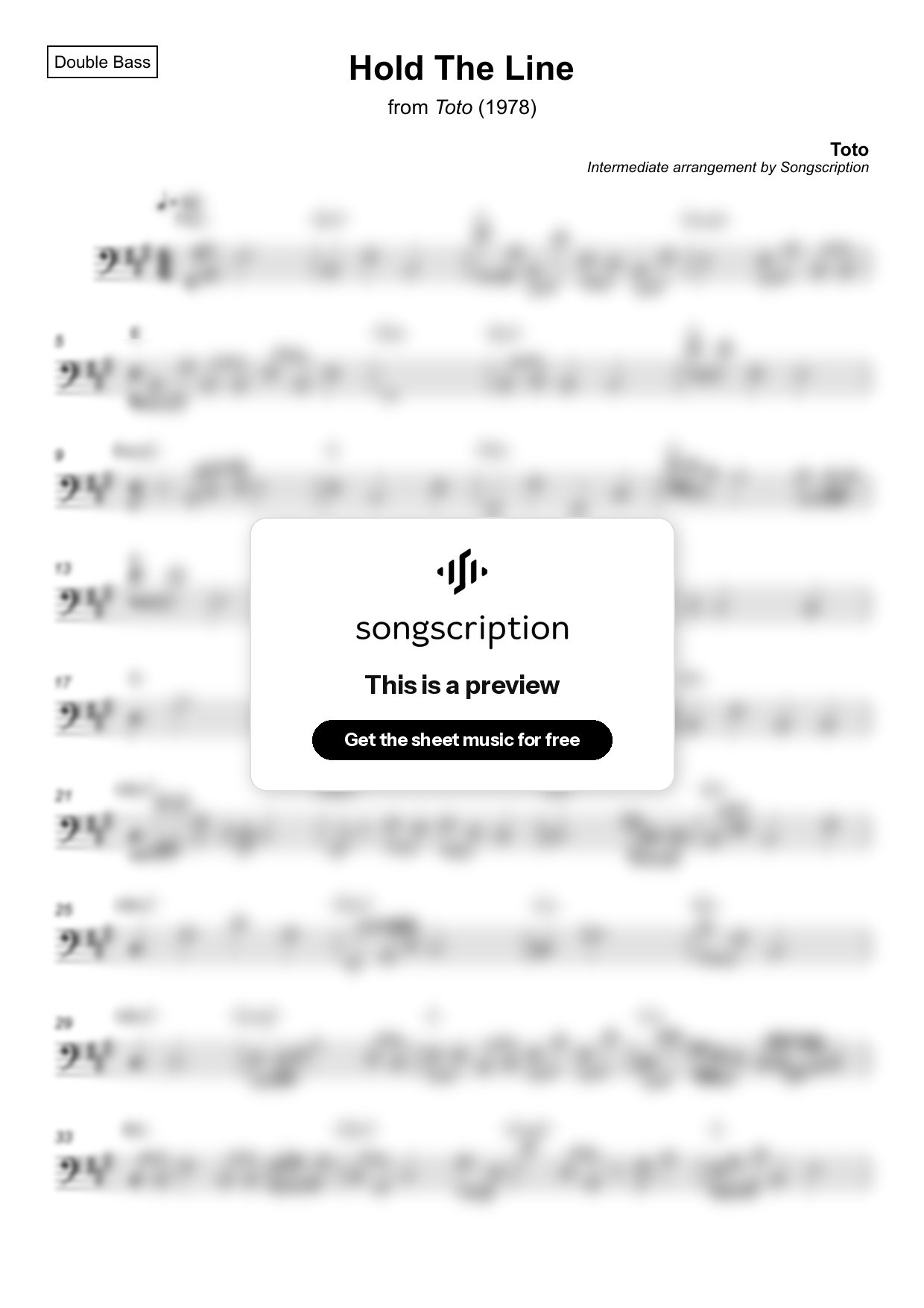 Intermediate Double Bass Sheet Music for "Hold The Line" by Toto