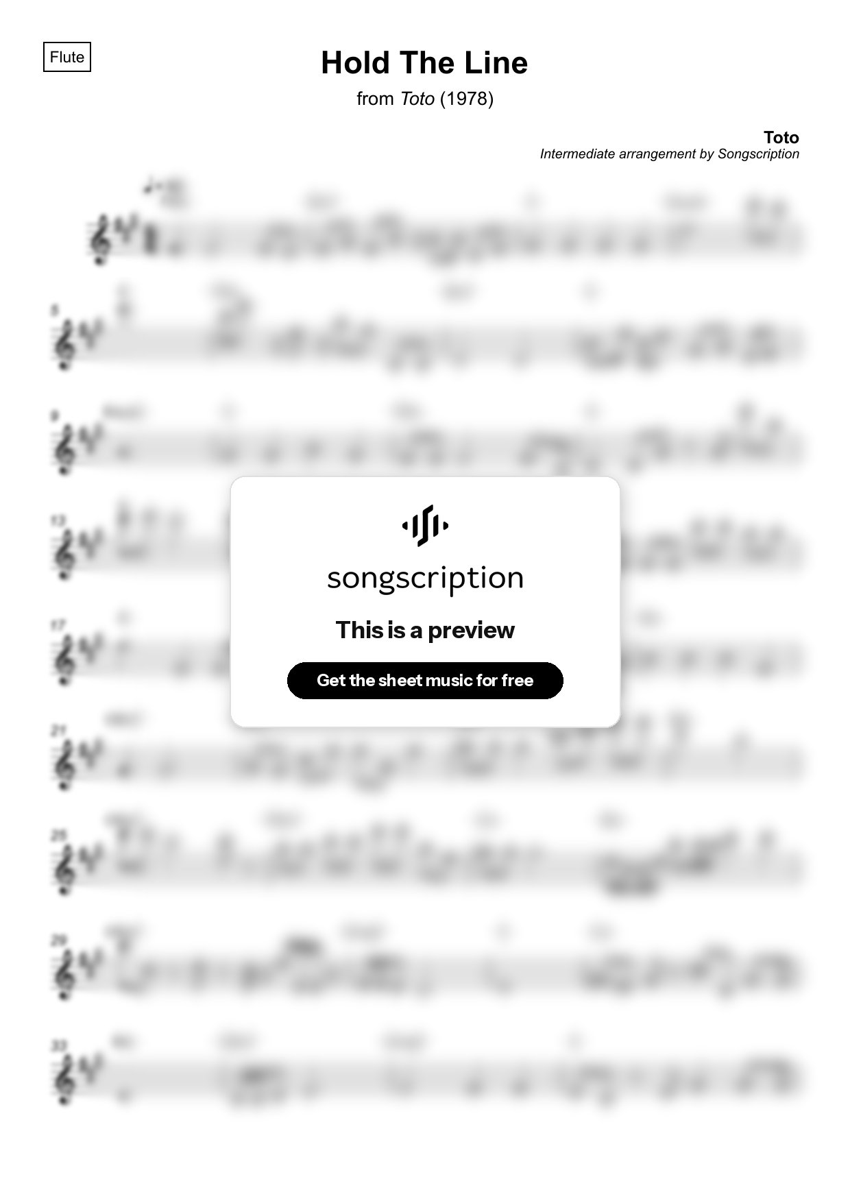 Intermediate Flute Sheet Music for "Hold The Line" by Toto