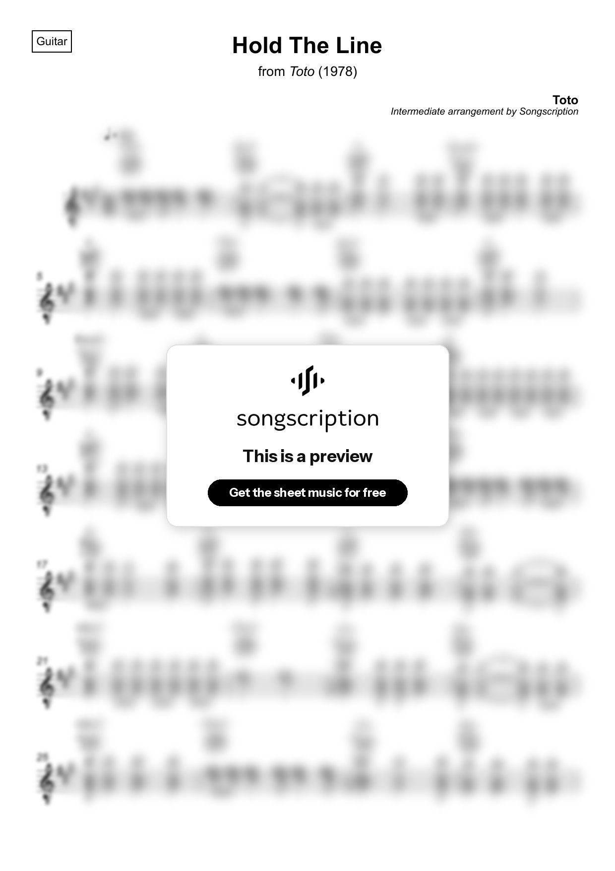 Intermediate Acoustic Guitar Sheet Music for "Hold The Line" by Toto