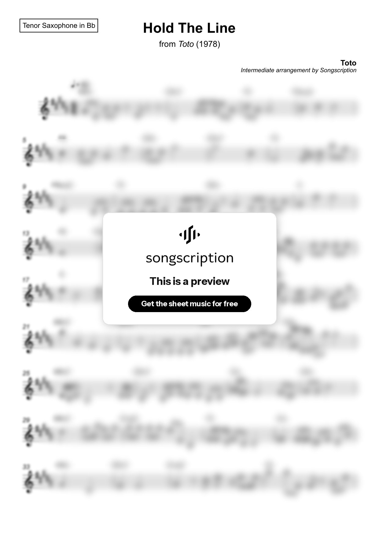 Intermediate Tenor Sax Sheet Music for "Hold The Line" by Toto