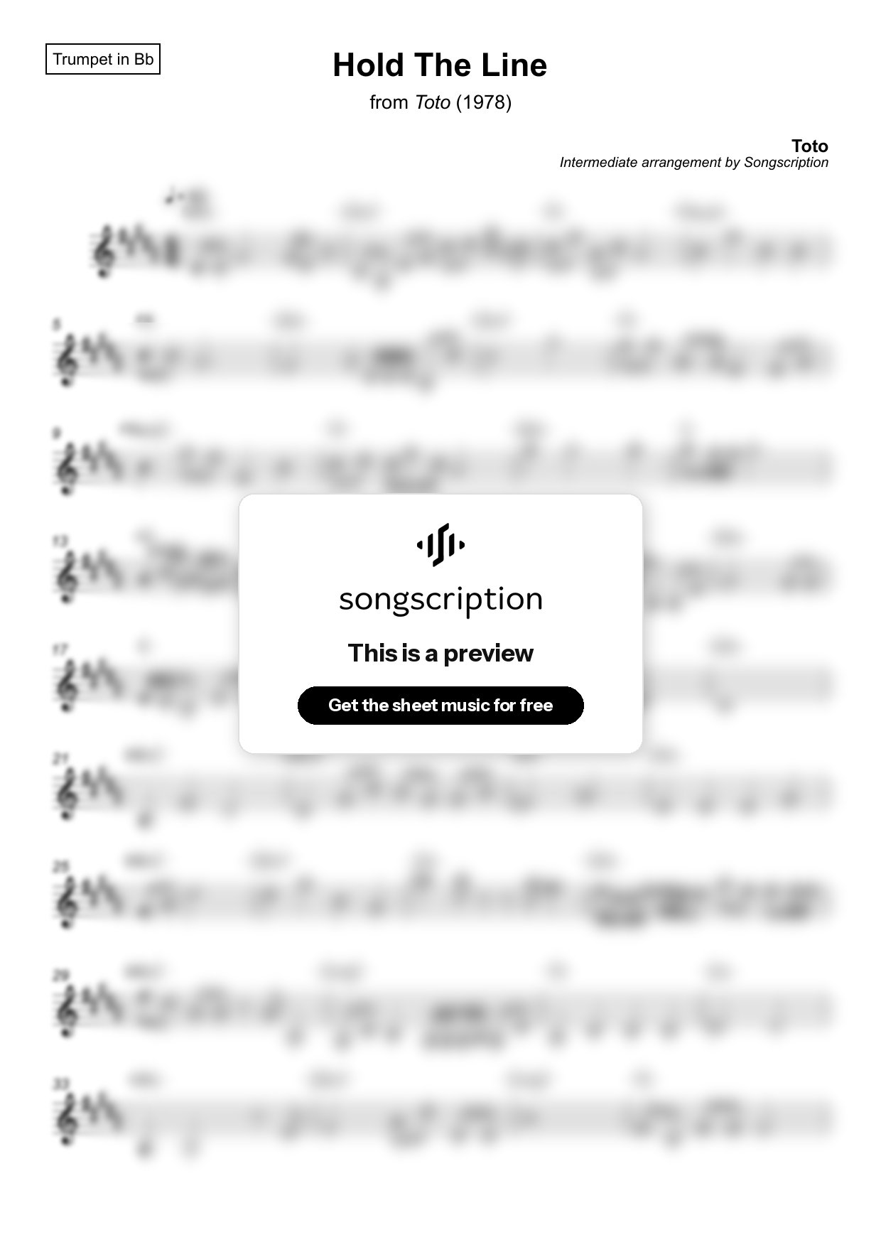 Intermediate Trumpet Sheet Music for "Hold The Line" by Toto