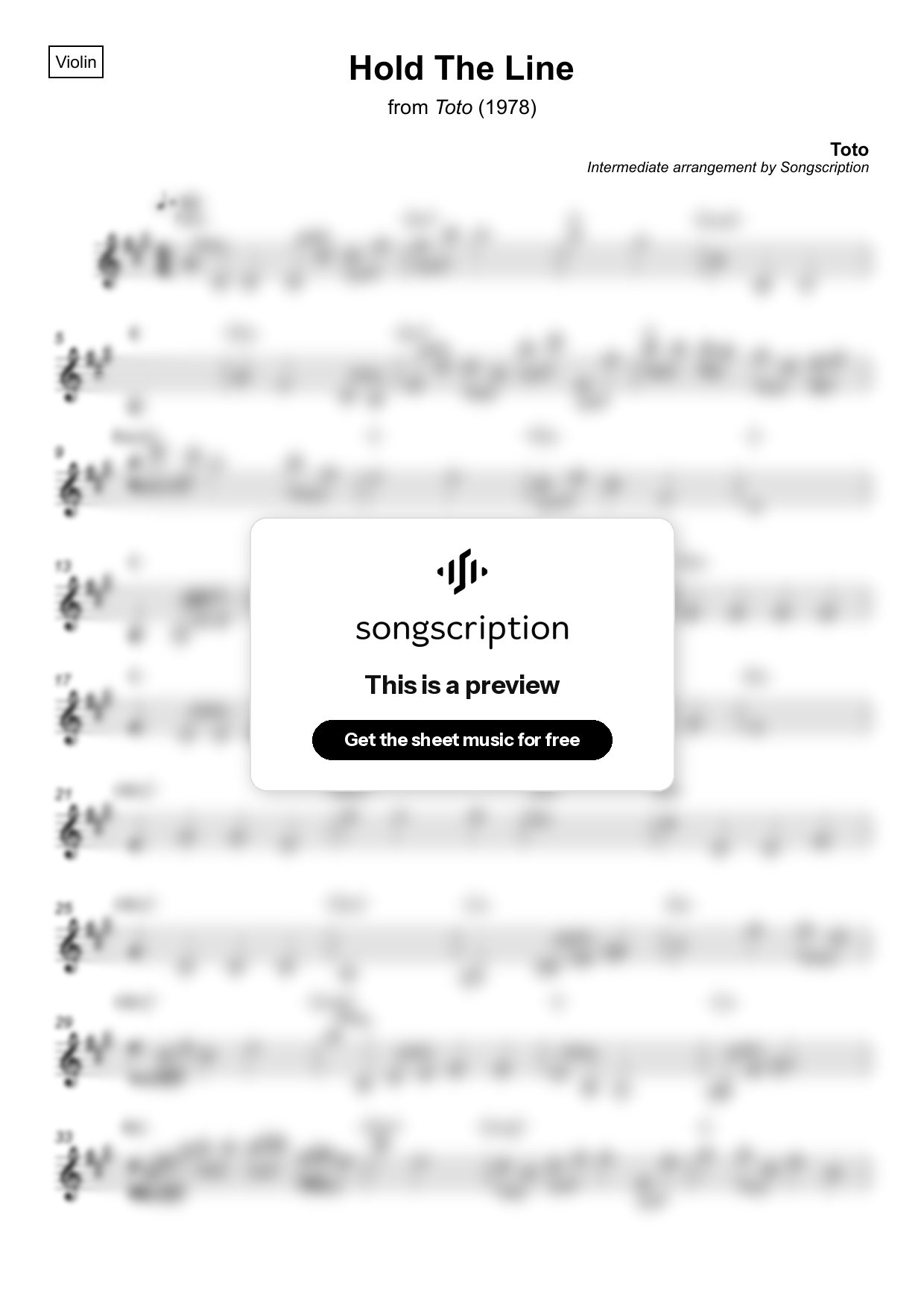 Intermediate Violin Sheet Music for "Hold The Line" by Toto