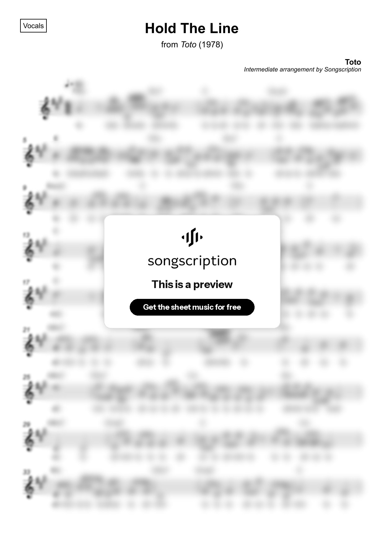 Intermediate Vocals Sheet Music for "Hold The Line" by Toto