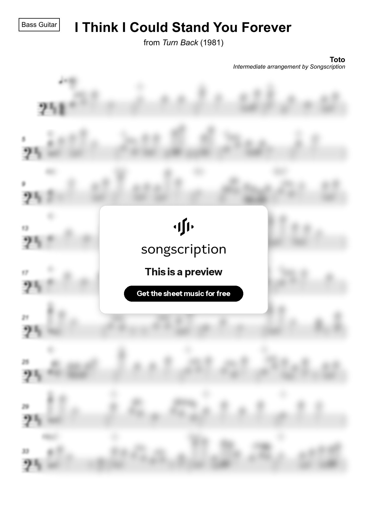 Intermediate Bass Guitar Sheet Music for "I Think I Could Stand You Forever" by Toto