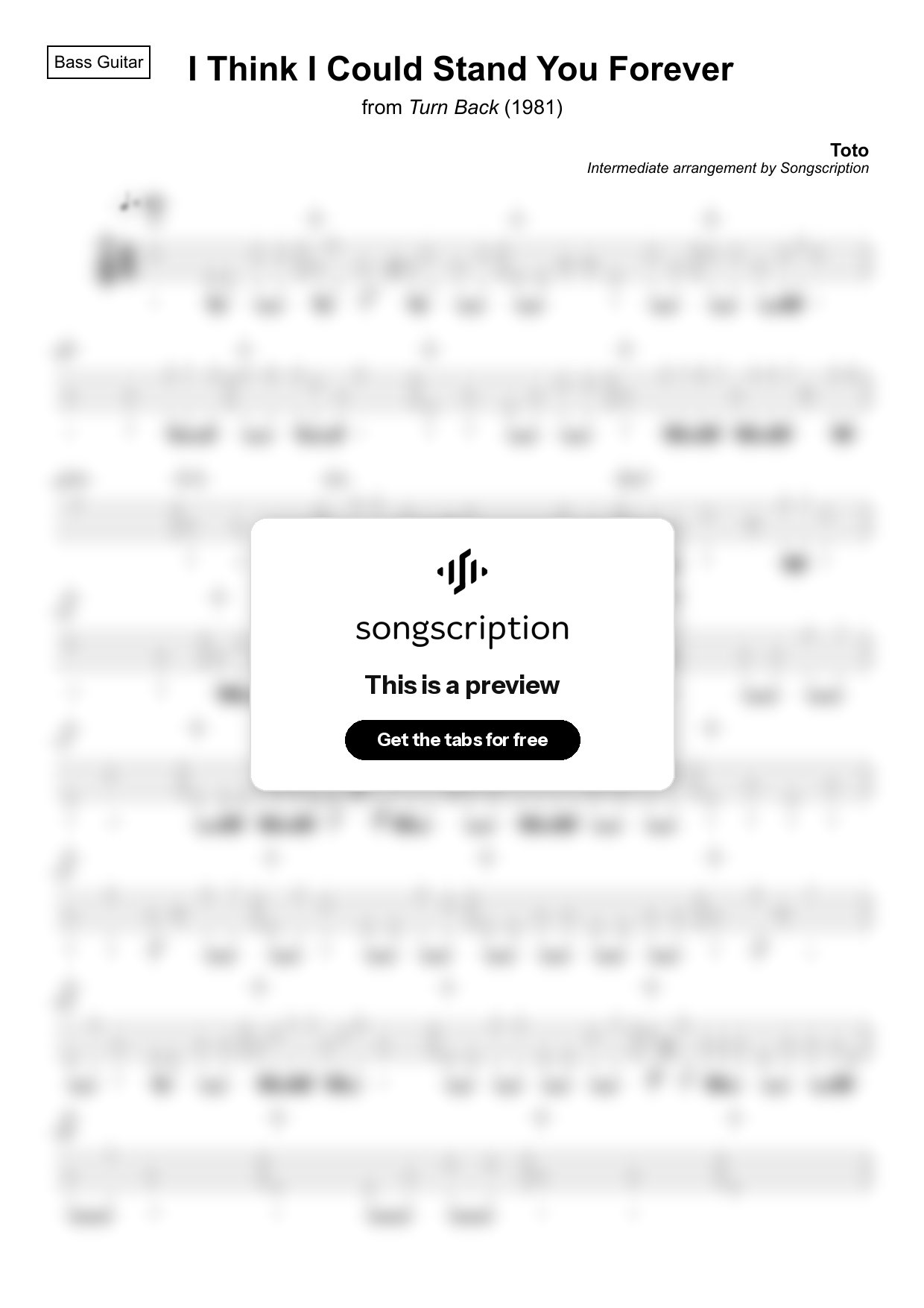 Intermediate Bass Guitar Tabs for "I Think I Could Stand You Forever" by Toto