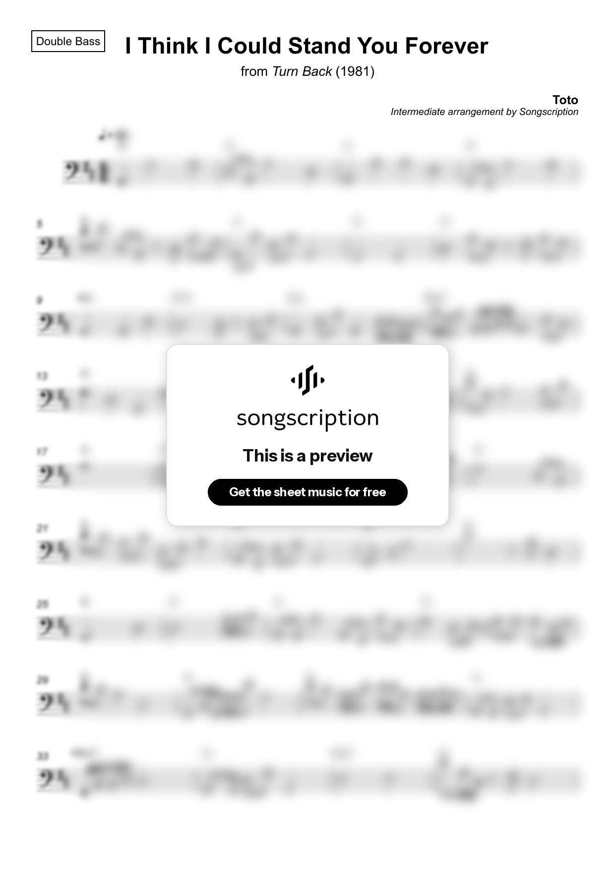 Intermediate Double Bass Sheet Music for "I Think I Could Stand You Forever" by Toto