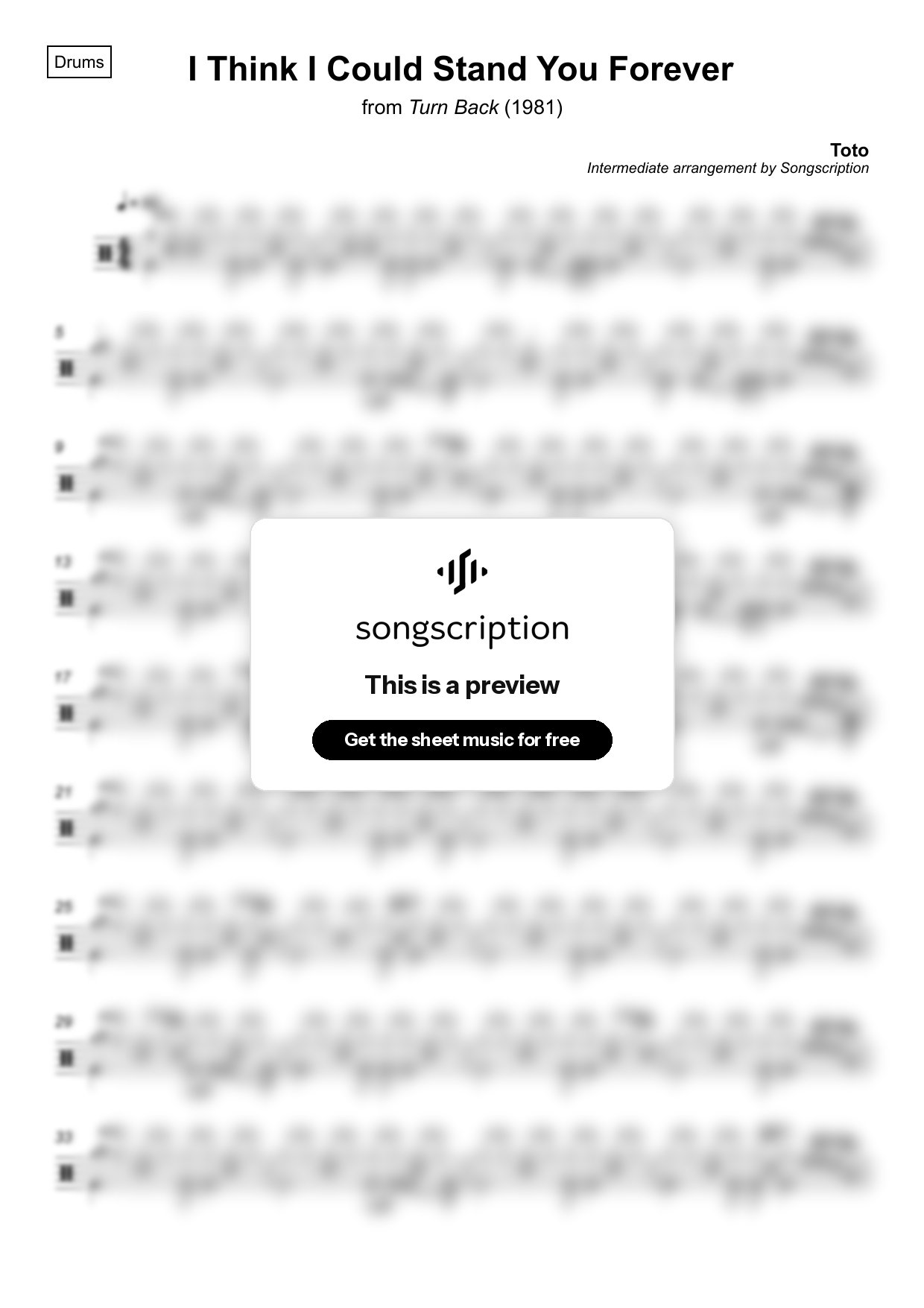 Intermediate Drums Sheet Music for "I Think I Could Stand You Forever" by Toto