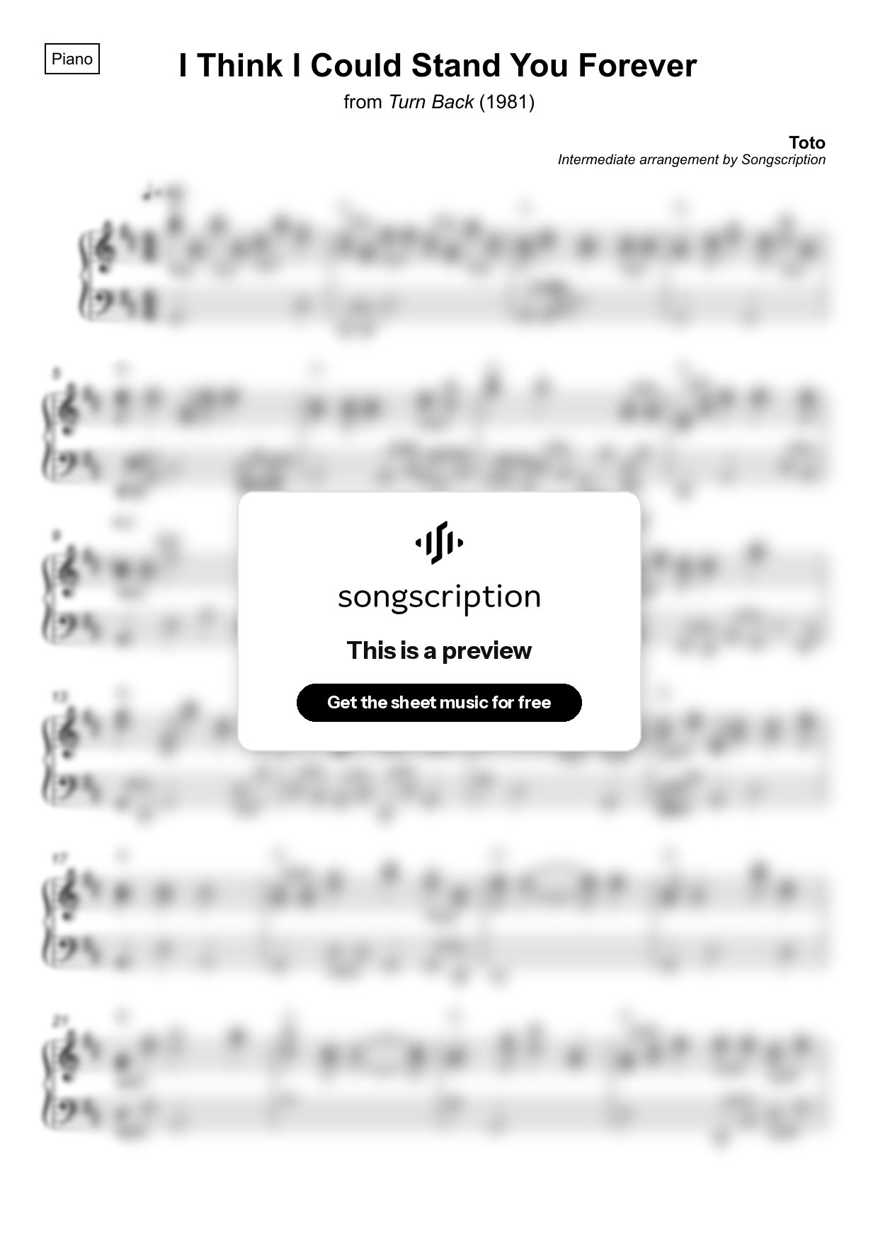 Intermediate Piano Sheet Music for "I Think I Could Stand You Forever" by Toto