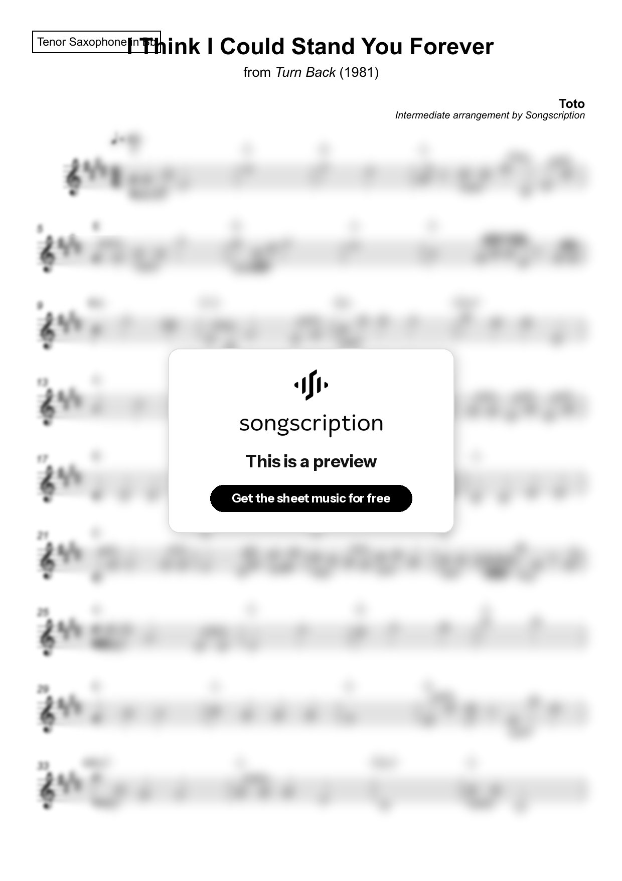 Intermediate Tenor Sax Sheet Music for "I Think I Could Stand You Forever" by Toto
