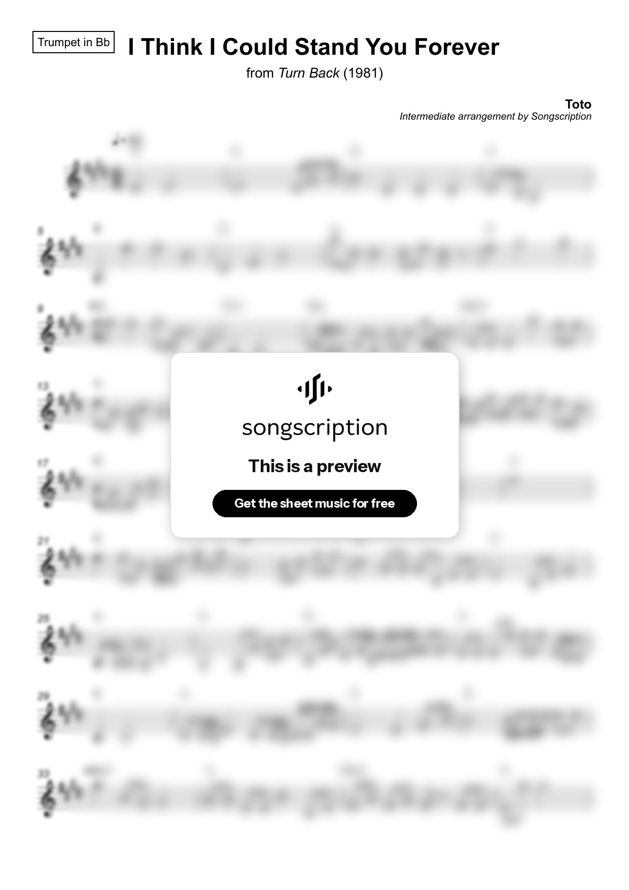 Intermediate Trumpet Sheet Music for "I Think I Could Stand You Forever" by Toto
