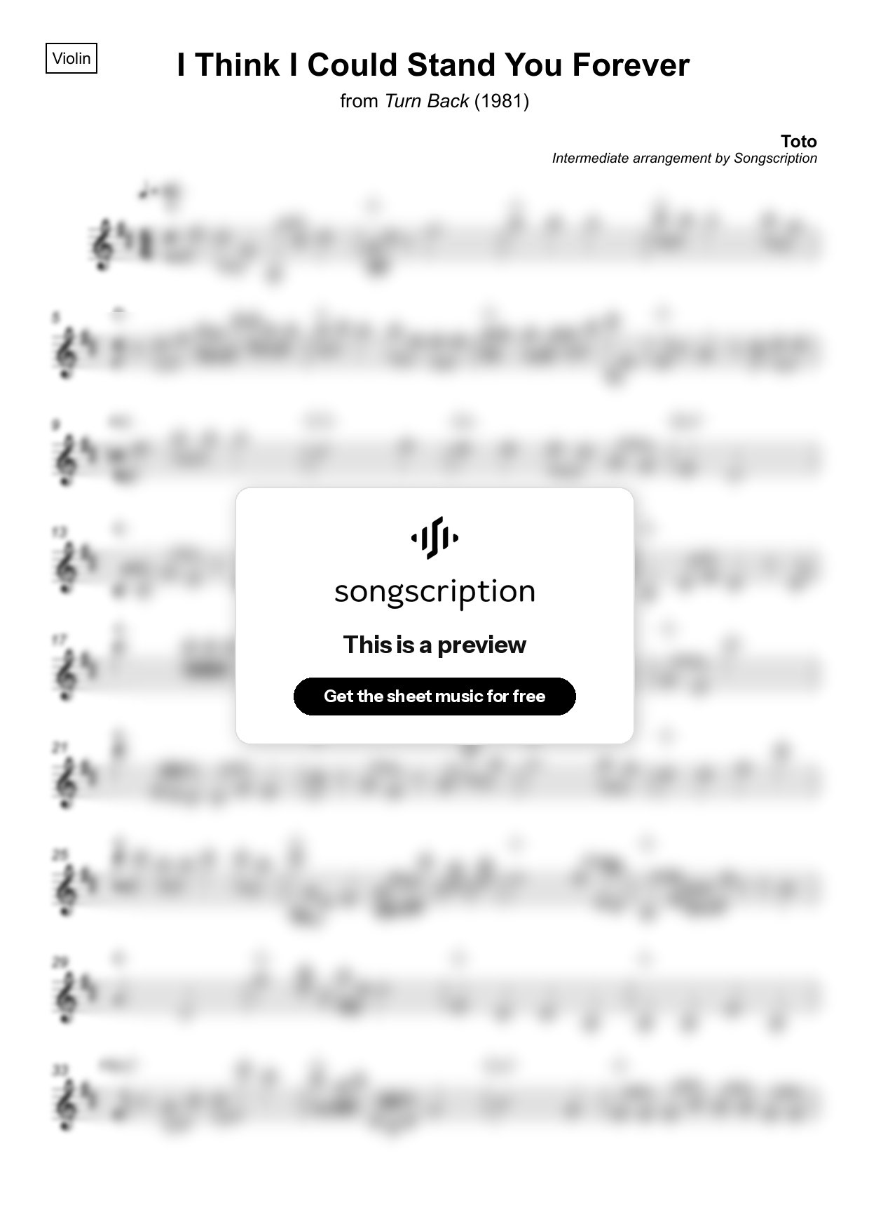 Intermediate Violin Sheet Music for "I Think I Could Stand You Forever" by Toto