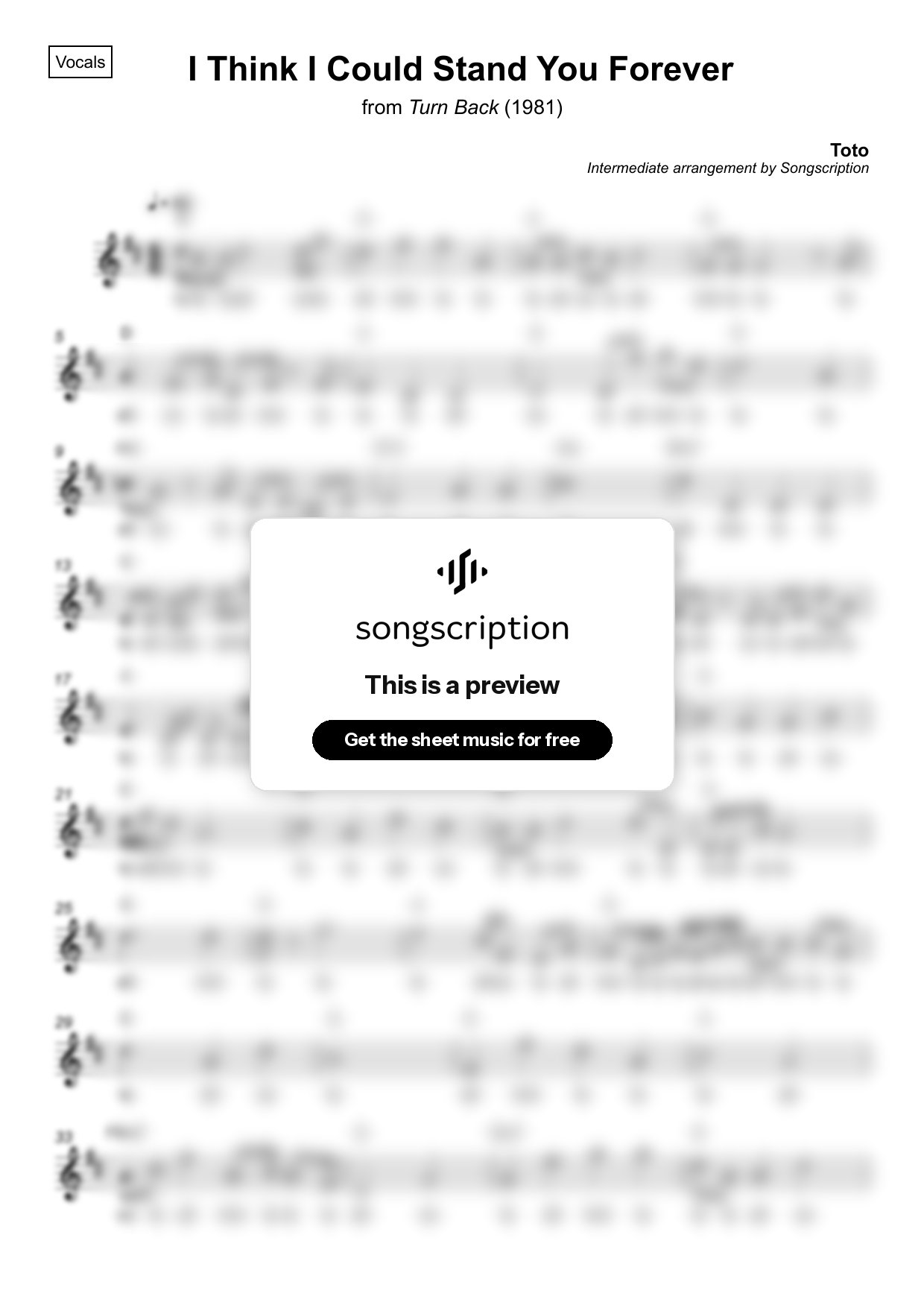 Intermediate Vocals Sheet Music for "I Think I Could Stand You Forever" by Toto