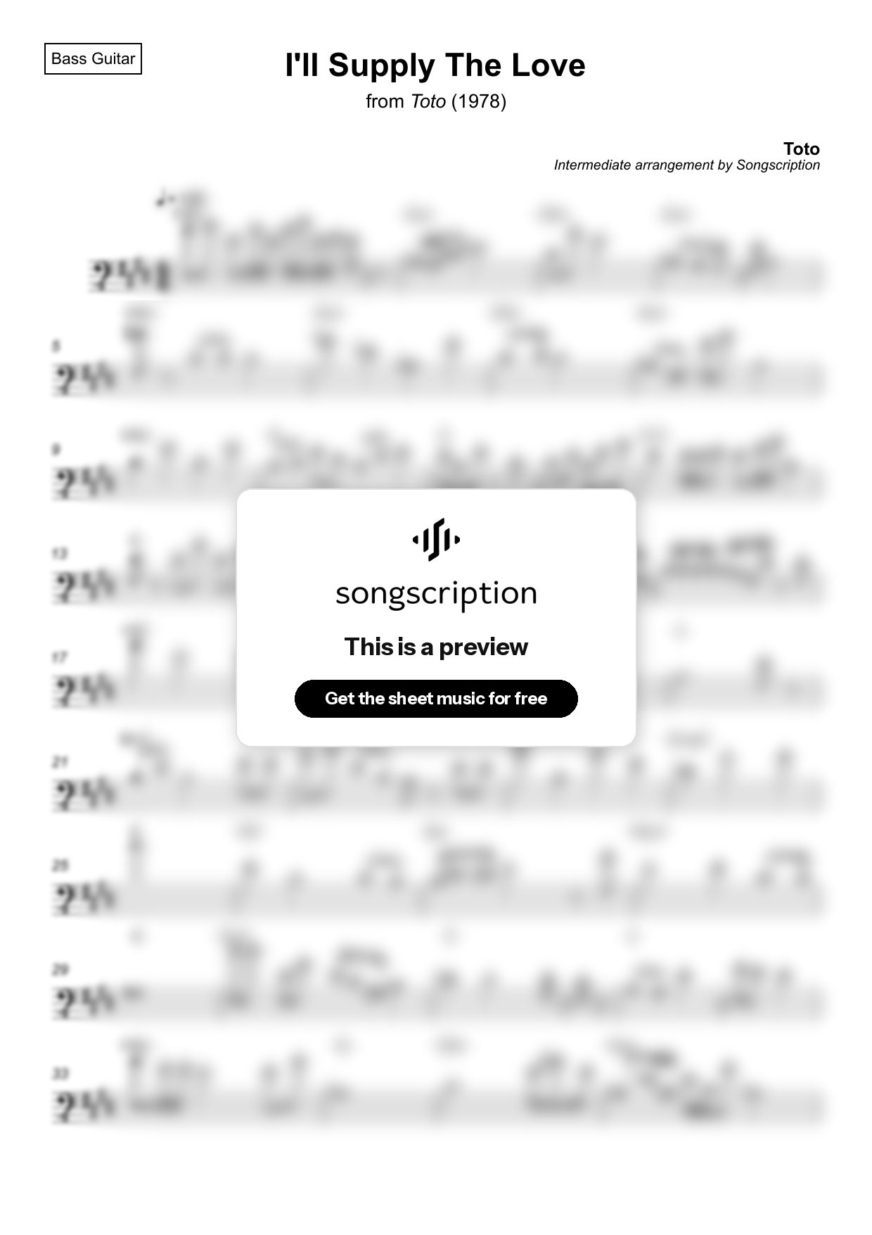 Intermediate Bass Guitar Sheet Music for "I'll Supply The Love" by Toto