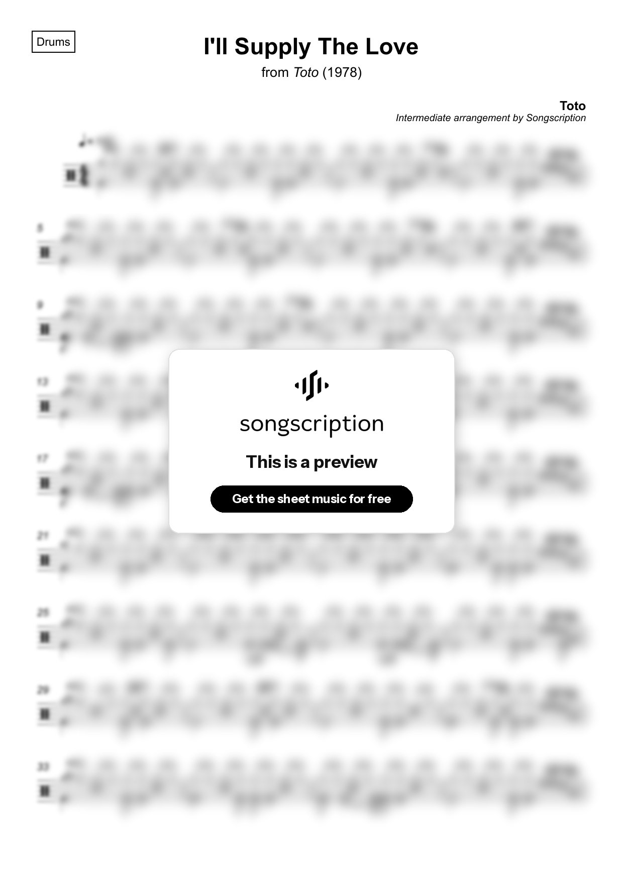 Intermediate Drums Sheet Music for "I'll Supply The Love" by Toto