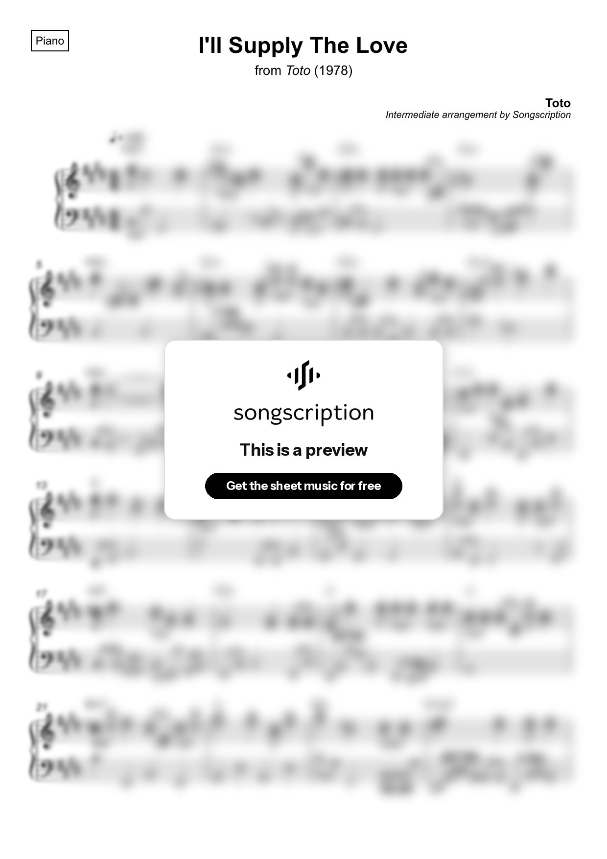 Intermediate Piano Sheet Music for "I'll Supply The Love" by Toto