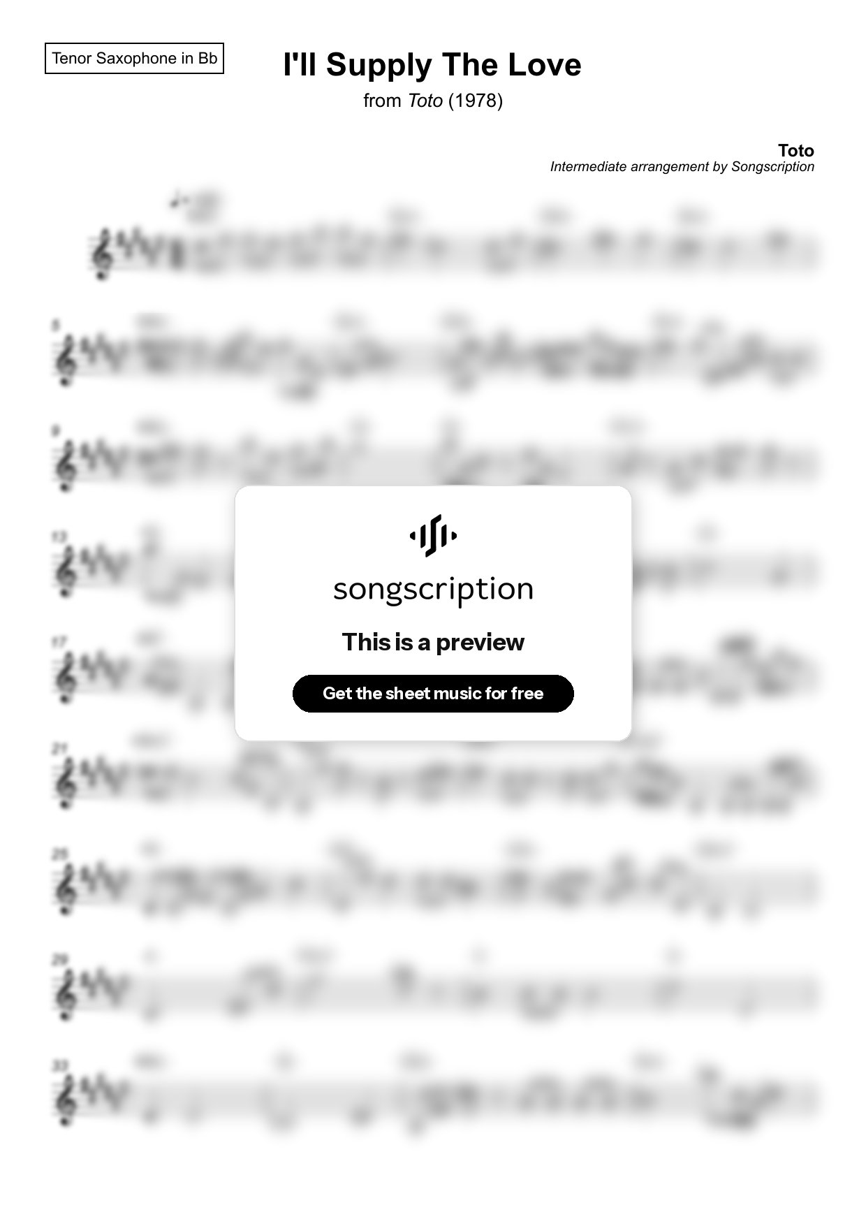 Intermediate Tenor Sax Sheet Music for "I'll Supply The Love" by Toto