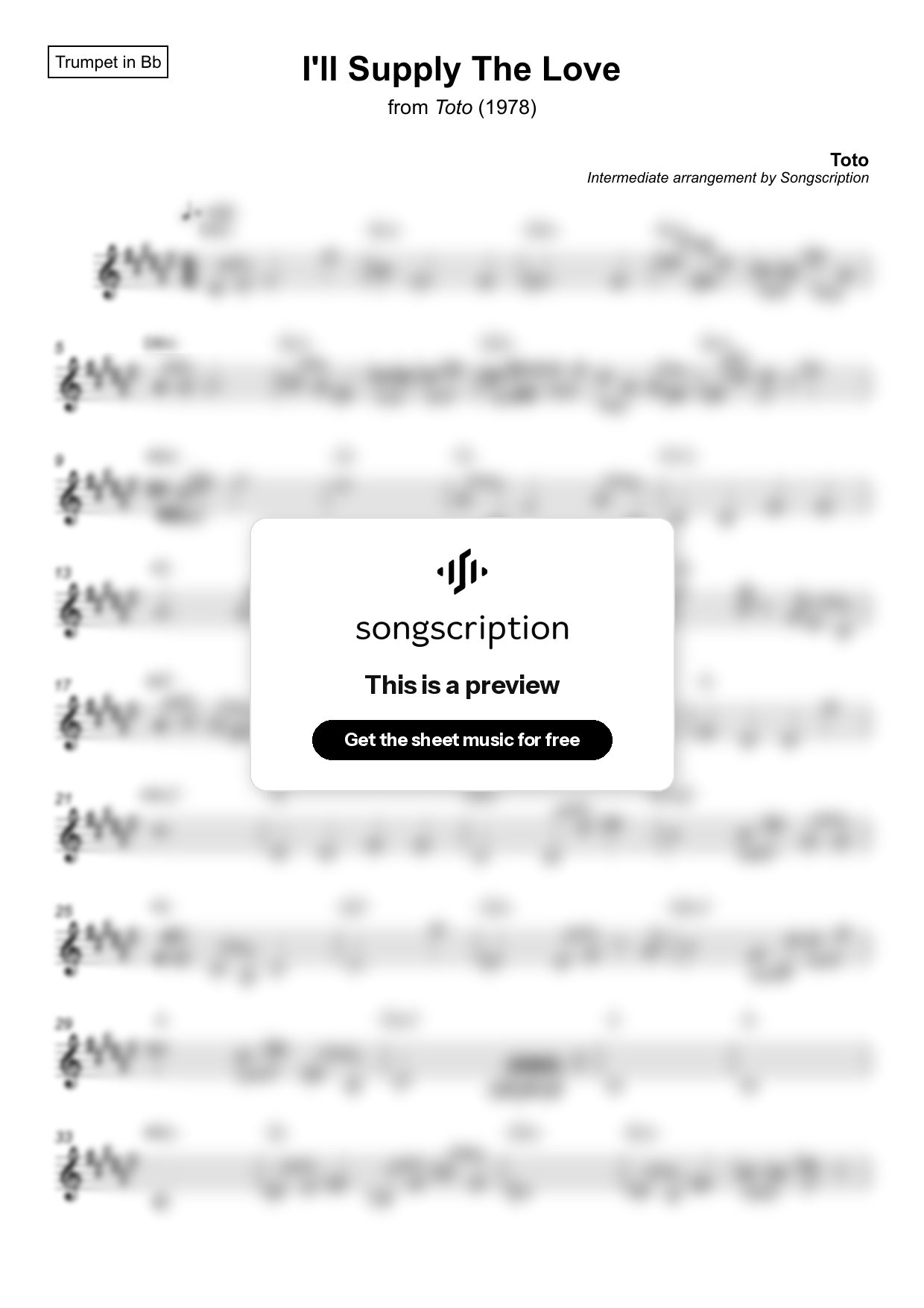 Intermediate Trumpet Sheet Music for "I'll Supply The Love" by Toto