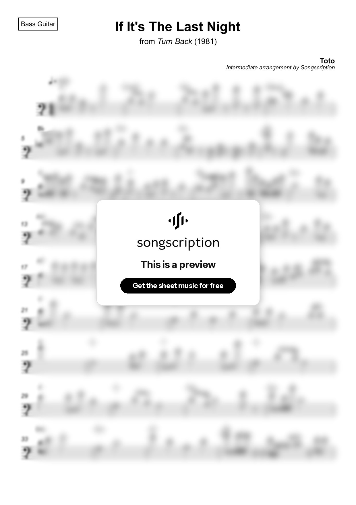 Intermediate Bass Guitar Sheet Music for "If It's The Last Night" by Toto