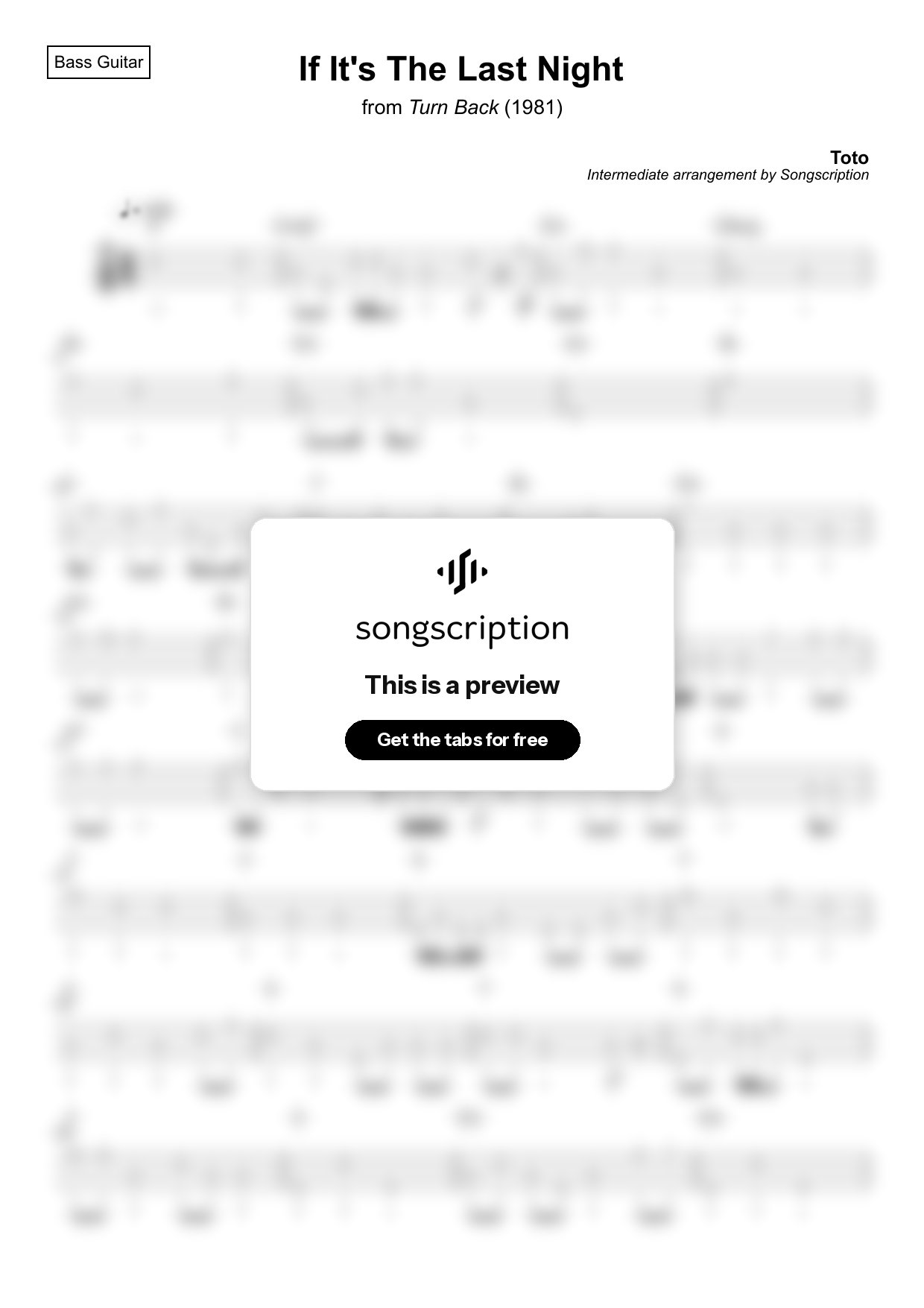 Intermediate Bass Guitar Tabs for "If It's The Last Night" by Toto
