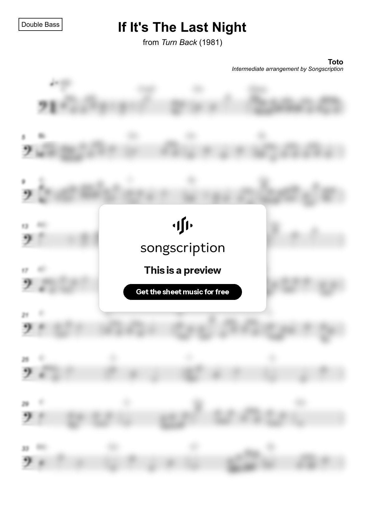 Intermediate Double Bass Sheet Music for "If It's The Last Night" by Toto