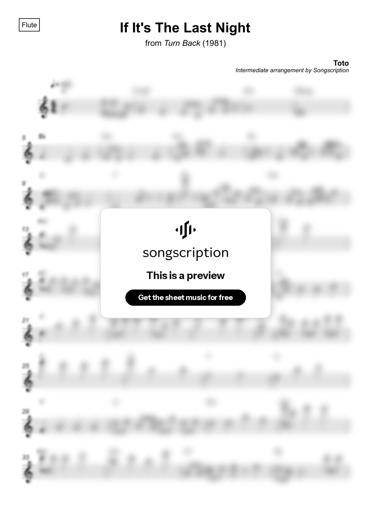 Intermediate Flute Sheet Music for "If It's The Last Night" by Toto