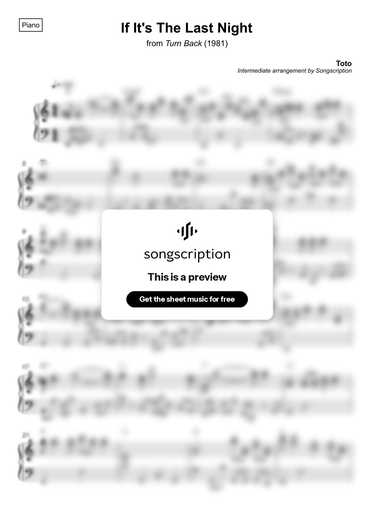 Intermediate Piano Sheet Music for "If It's The Last Night" by Toto