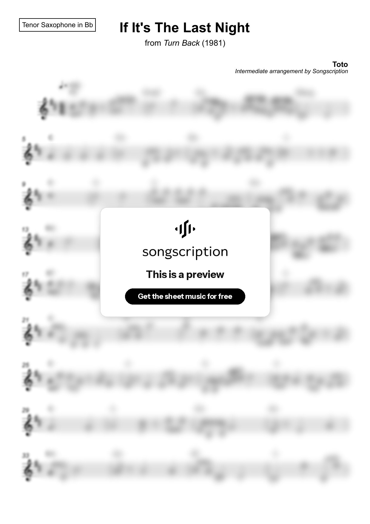 Intermediate Tenor Sax Sheet Music for "If It's The Last Night" by Toto