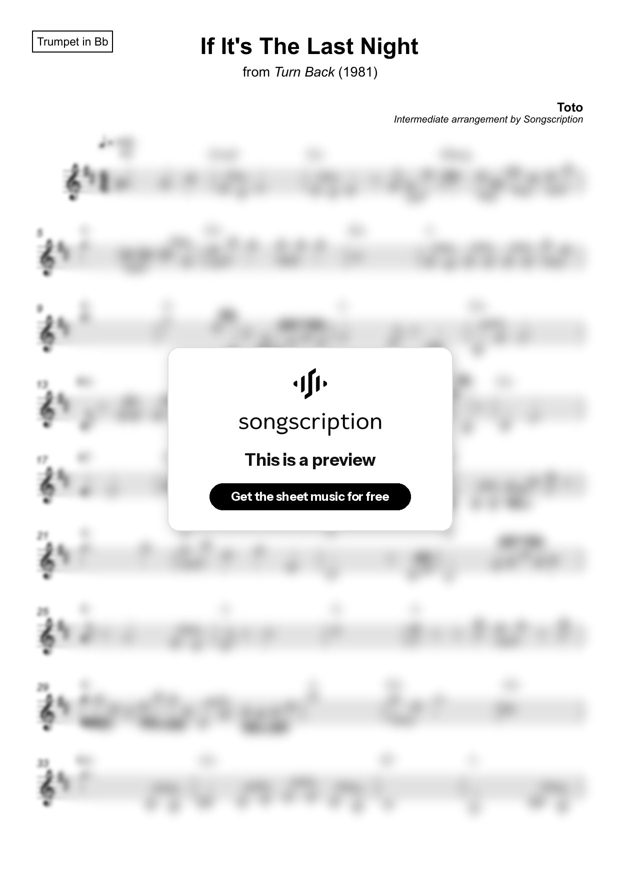 Intermediate Trumpet Sheet Music for "If It's The Last Night" by Toto