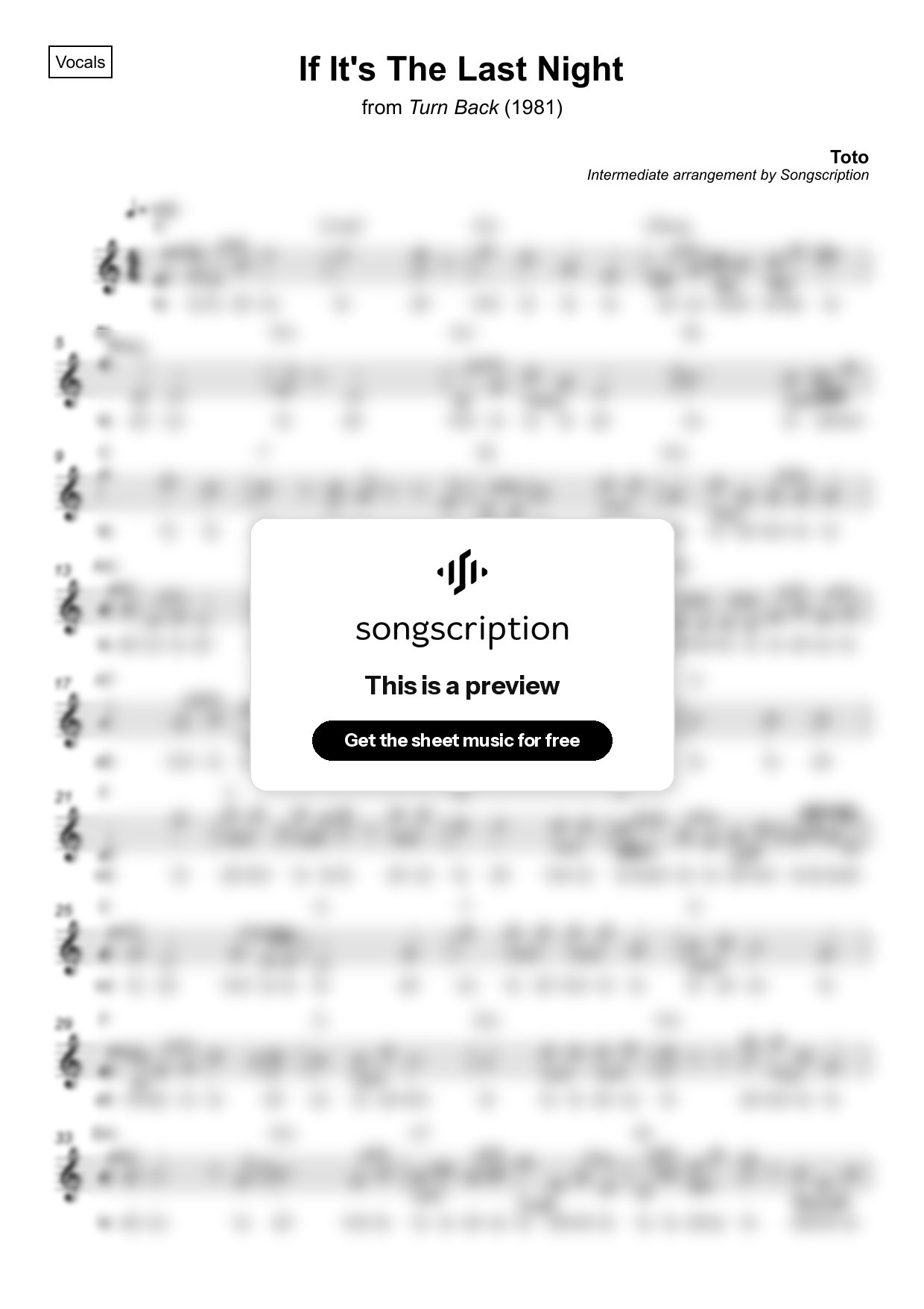 Intermediate Vocals Sheet Music for "If It's The Last Night" by Toto