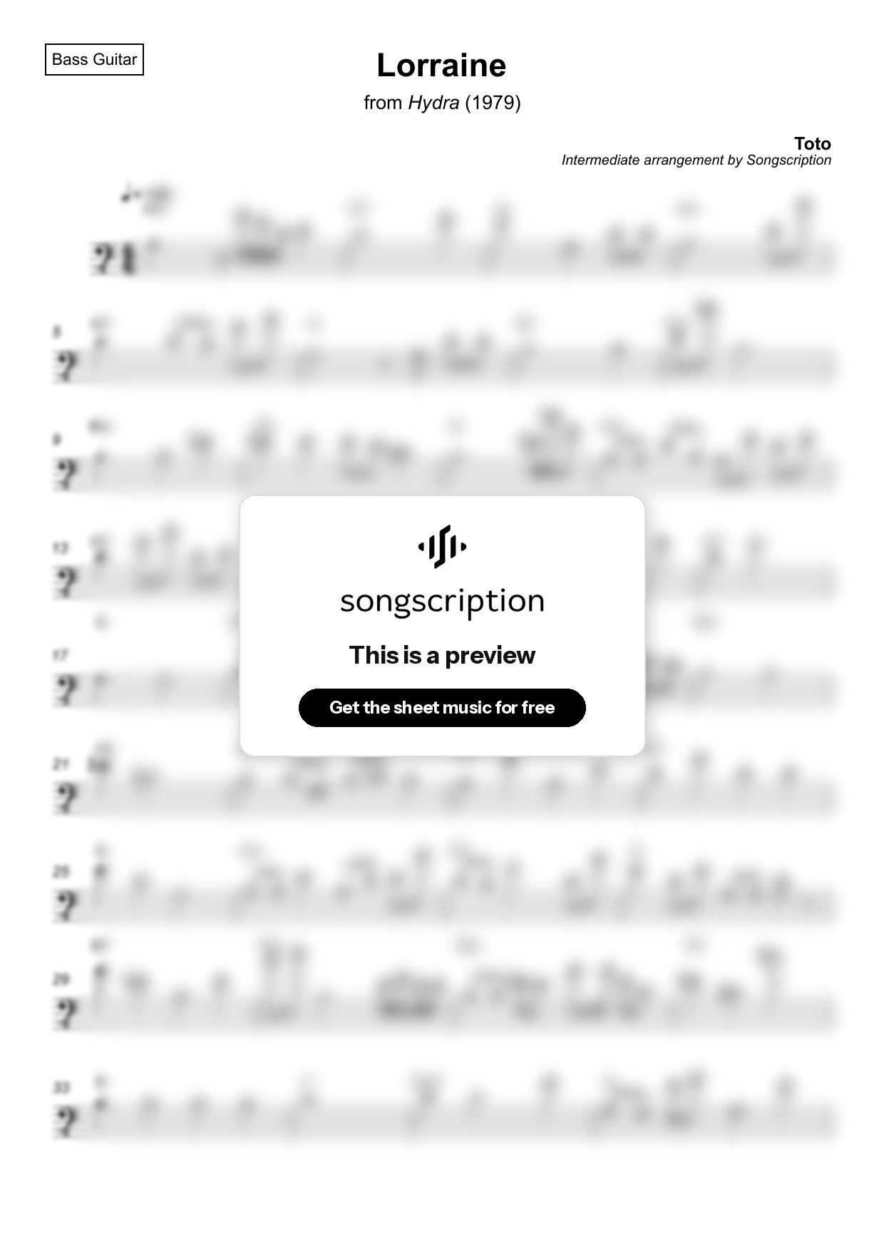 Intermediate Bass Guitar Sheet Music for "Lorraine" by Toto