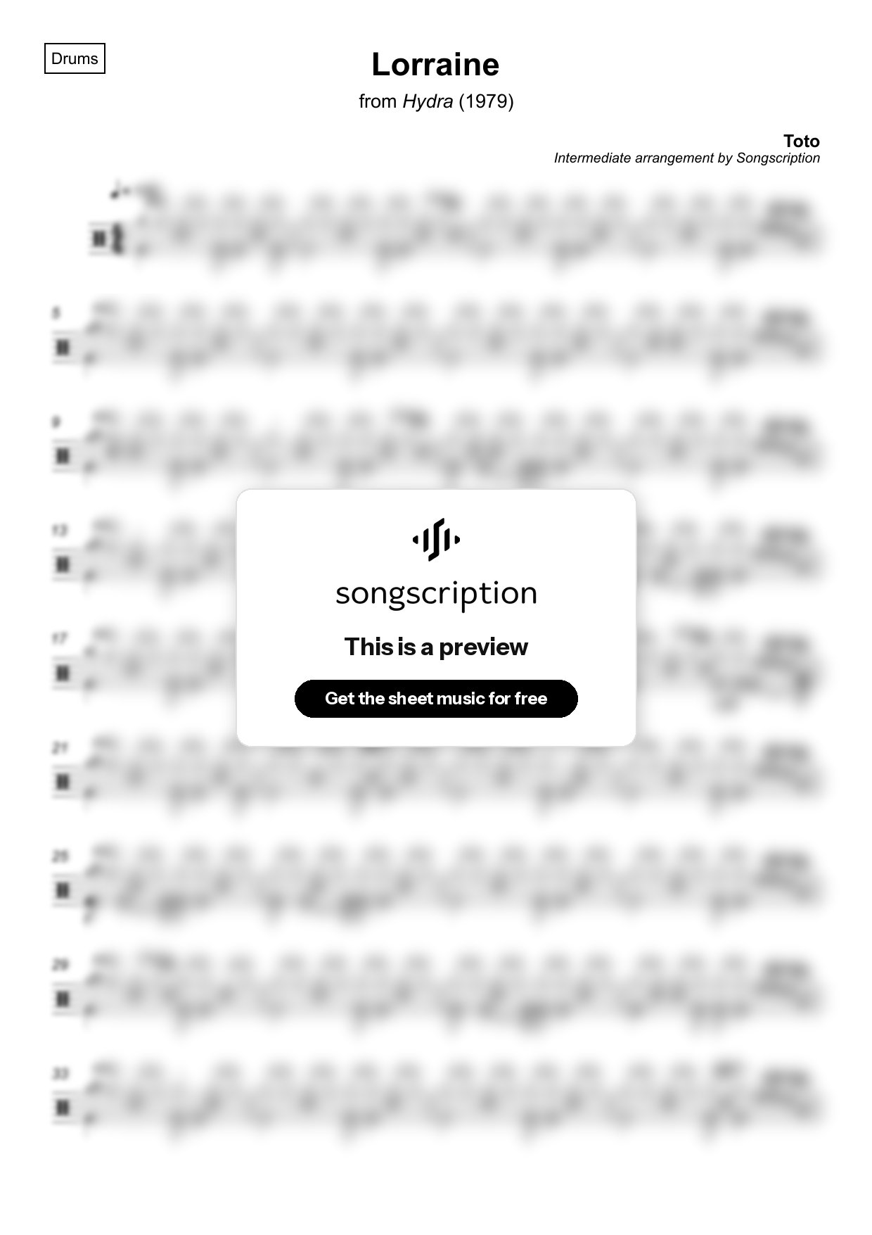 Intermediate Drums Sheet Music for "Lorraine" by Toto