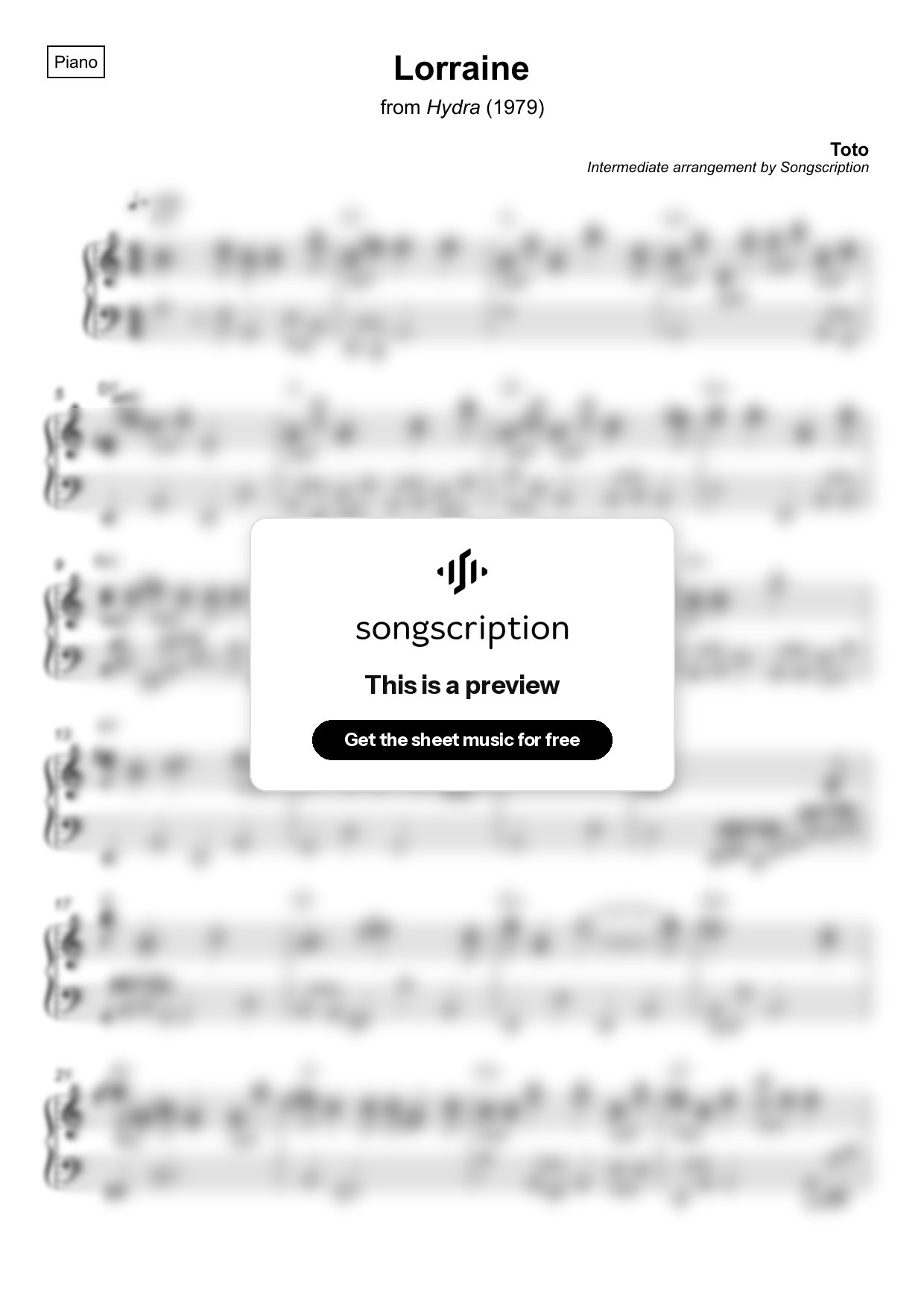 Intermediate Piano Sheet Music for "Lorraine" by Toto