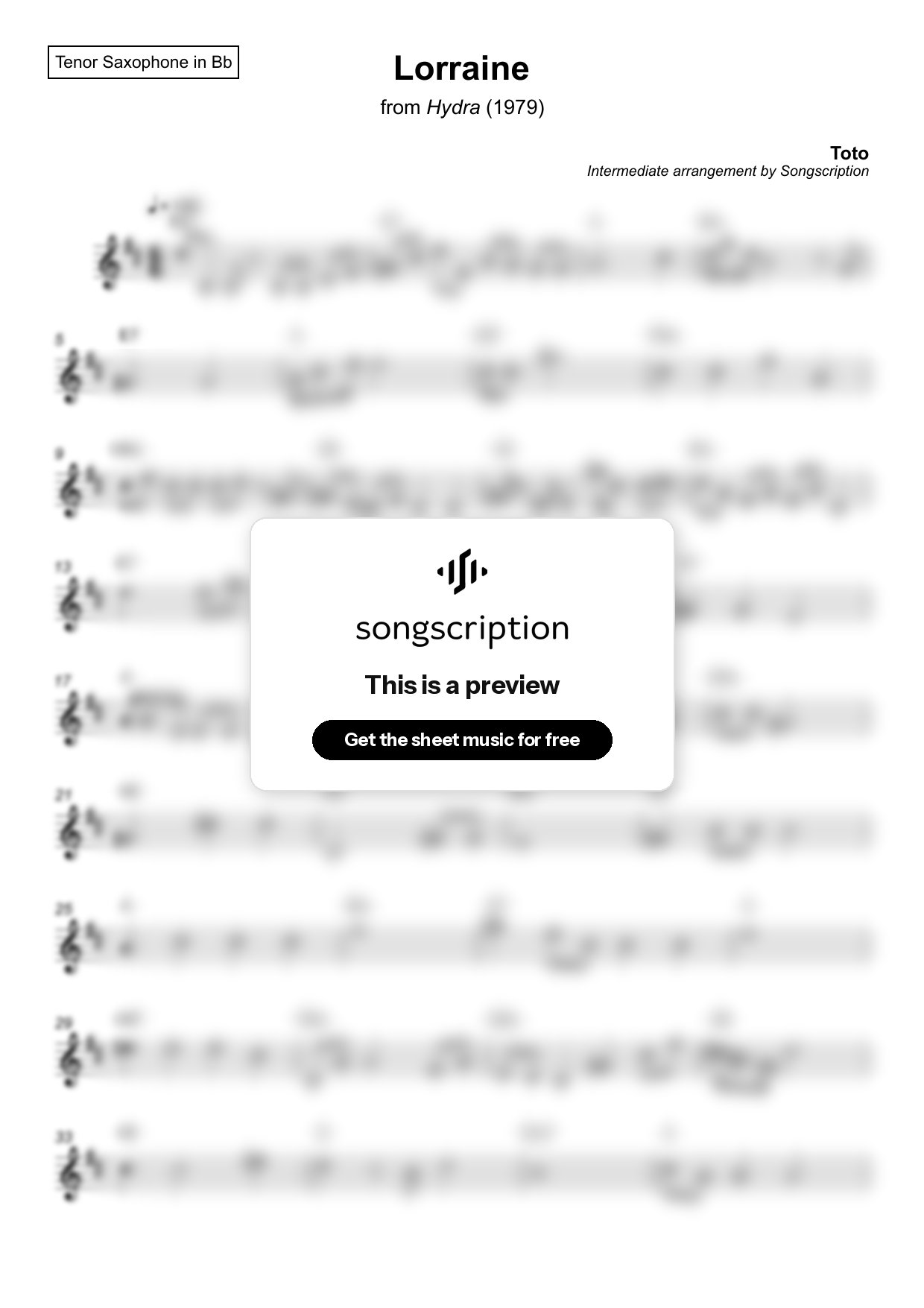 Intermediate Tenor Sax Sheet Music for "Lorraine" by Toto